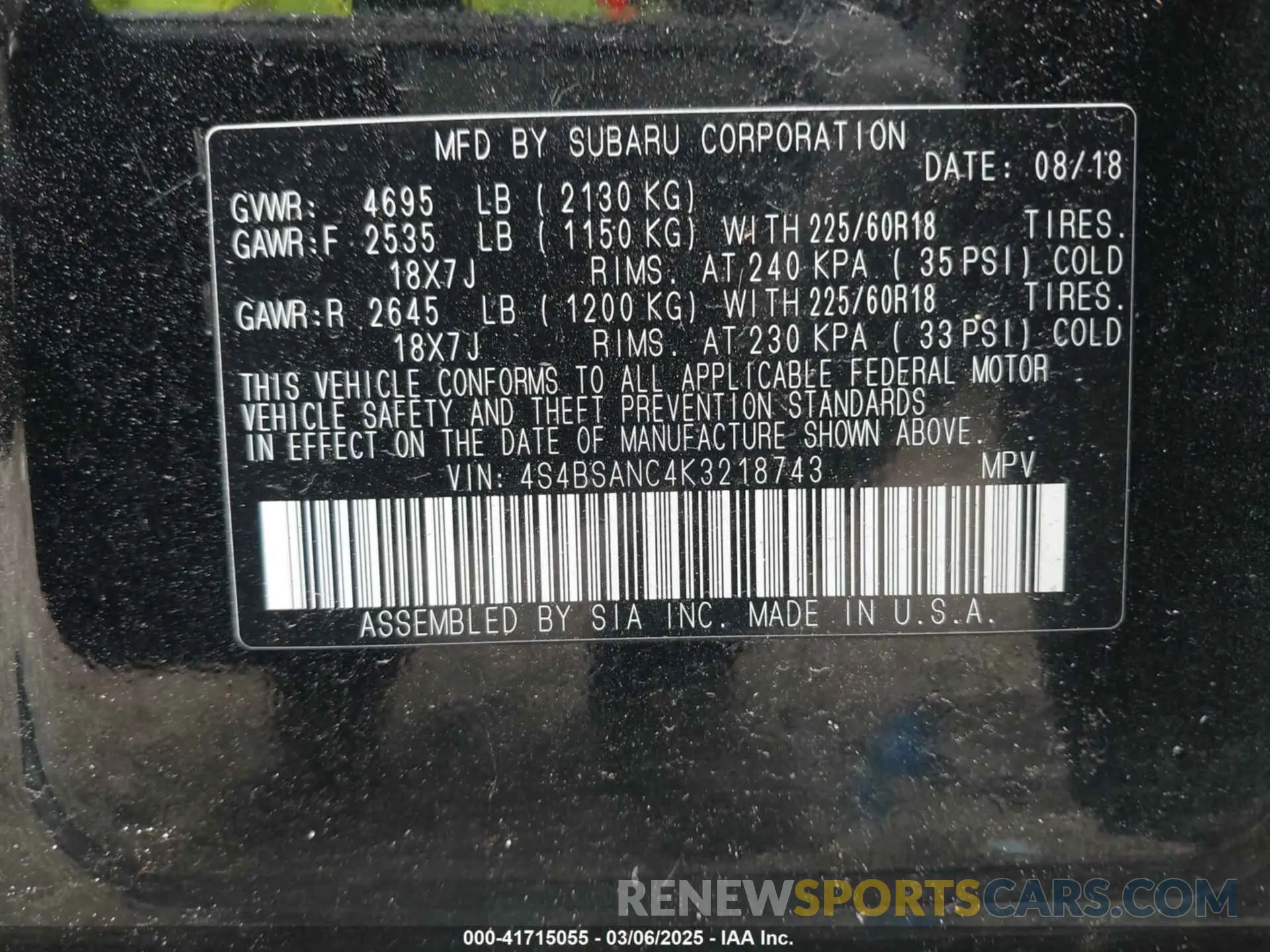 9 Photograph of a damaged car 4S4BSANC4K3218743 SUBARU OUTBACK 2019