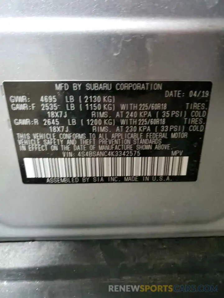13 Photograph of a damaged car 4S4BSANC4K3342575 SUBARU OUTBACK 2019