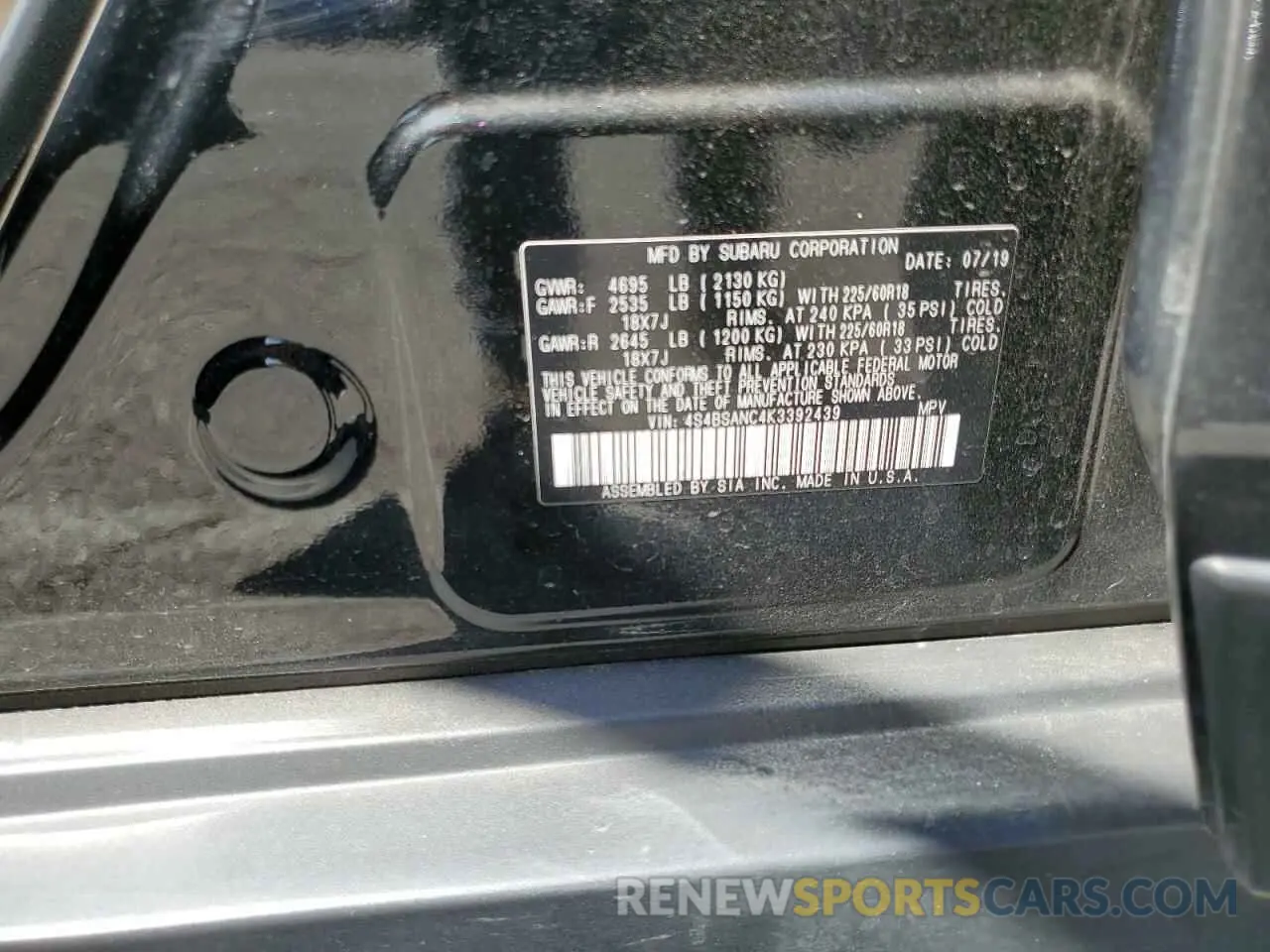 13 Photograph of a damaged car 4S4BSANC4K3392439 SUBARU OUTBACK 2019