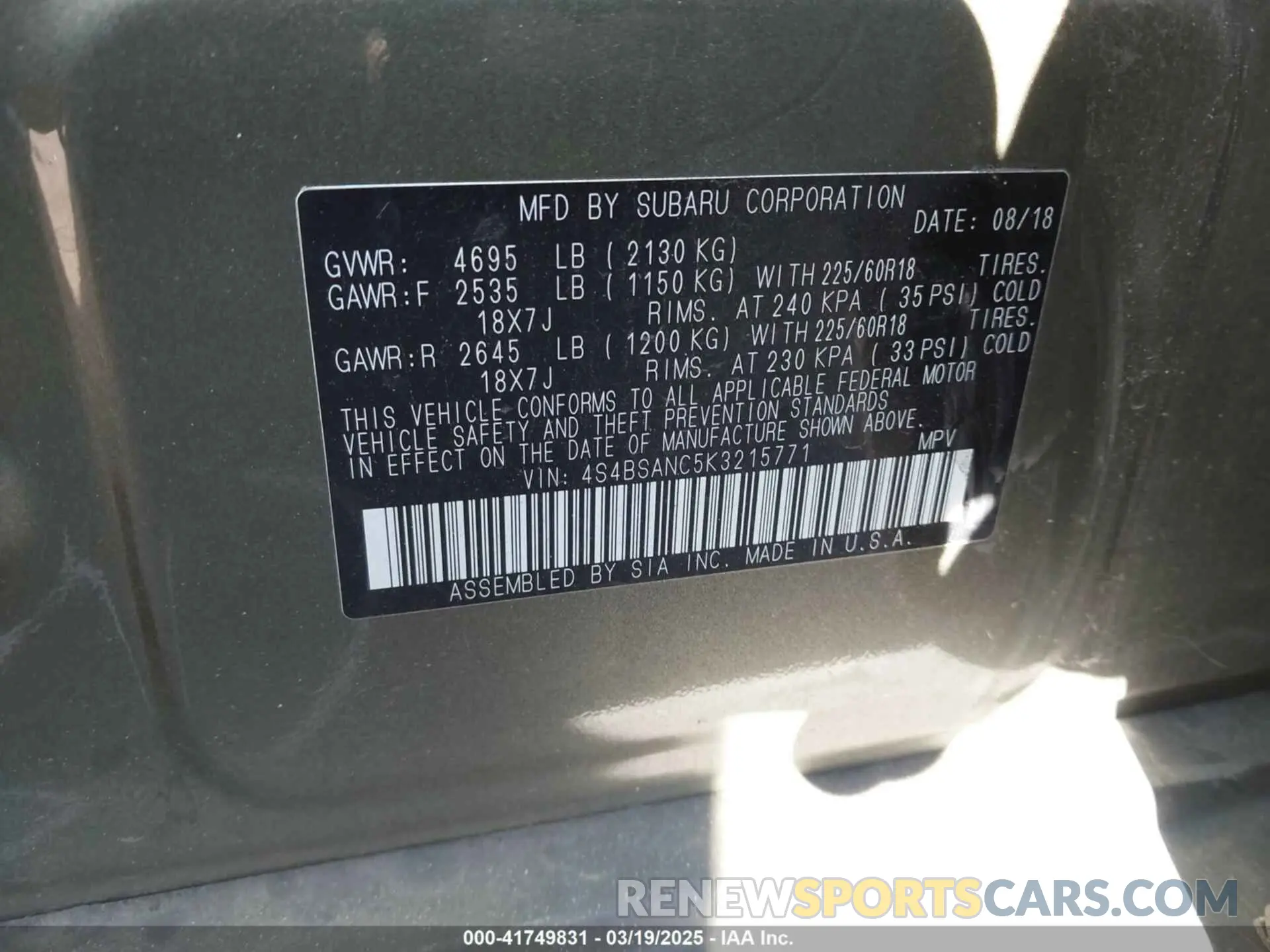 9 Photograph of a damaged car 4S4BSANC5K3215771 SUBARU OUTBACK 2019