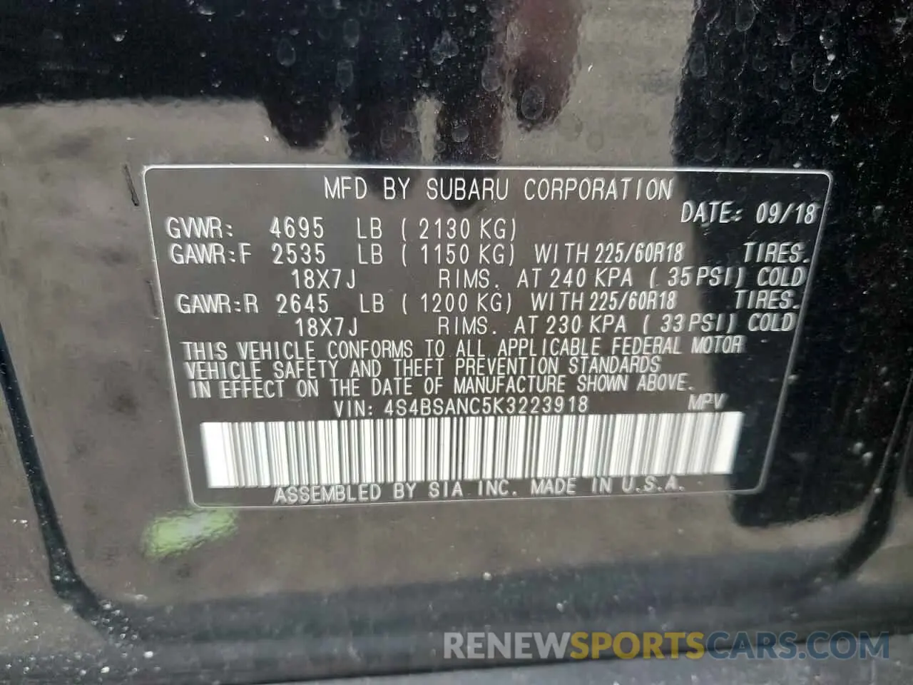 13 Photograph of a damaged car 4S4BSANC5K3223918 SUBARU OUTBACK 2019