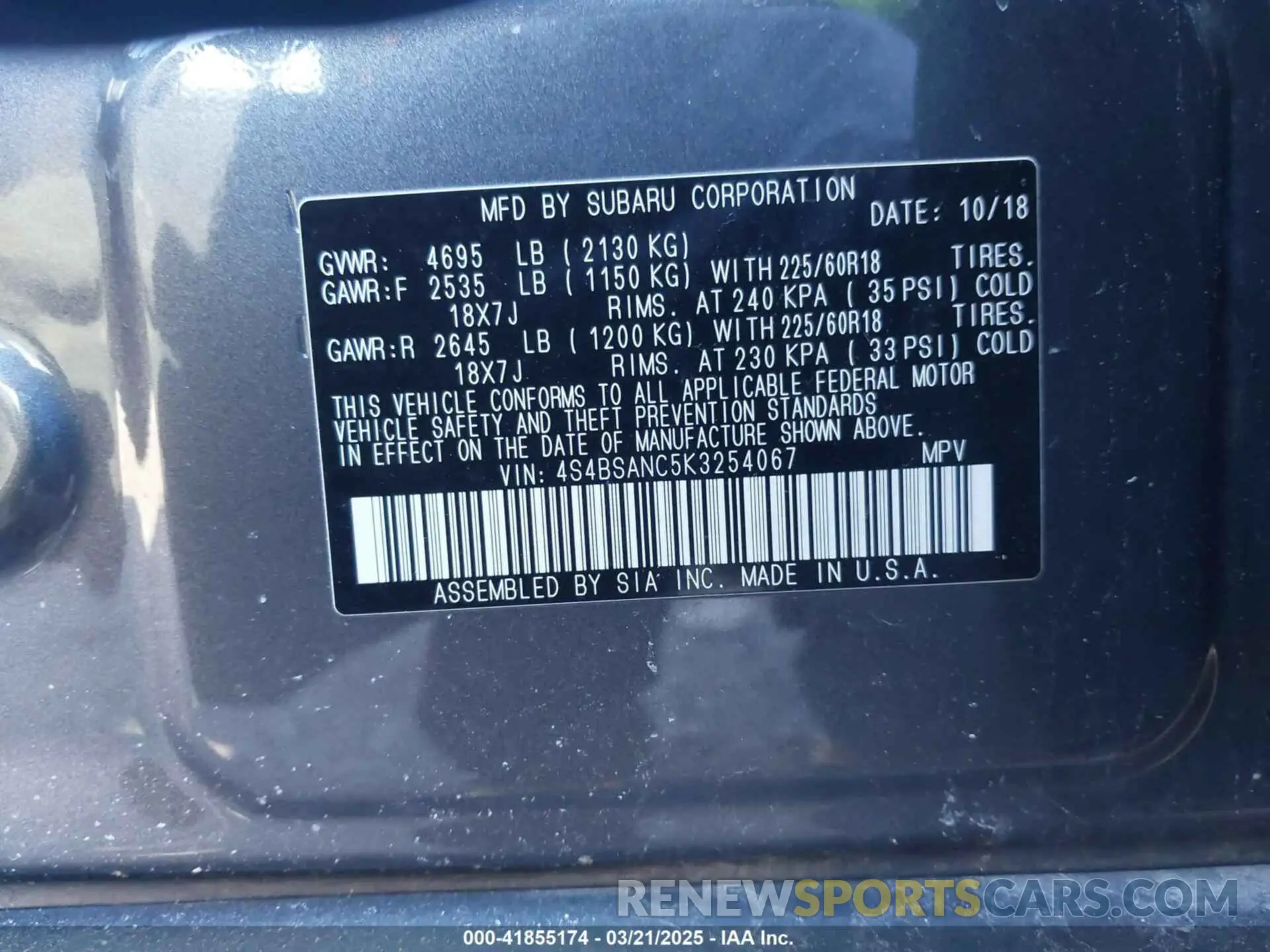 9 Photograph of a damaged car 4S4BSANC5K3254067 SUBARU OUTBACK 2019