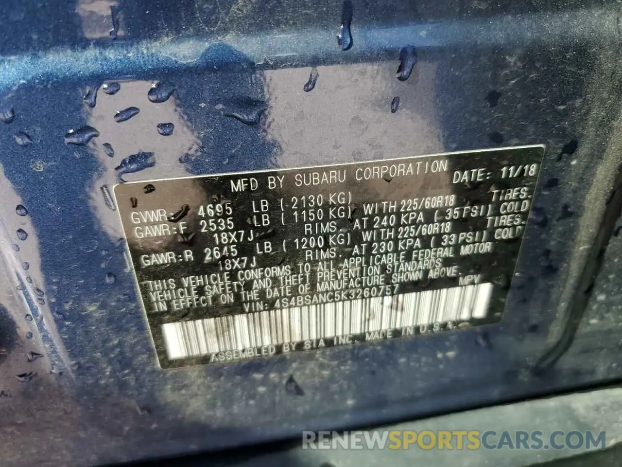 13 Photograph of a damaged car 4S4BSANC5K3260757 SUBARU OUTBACK 2019