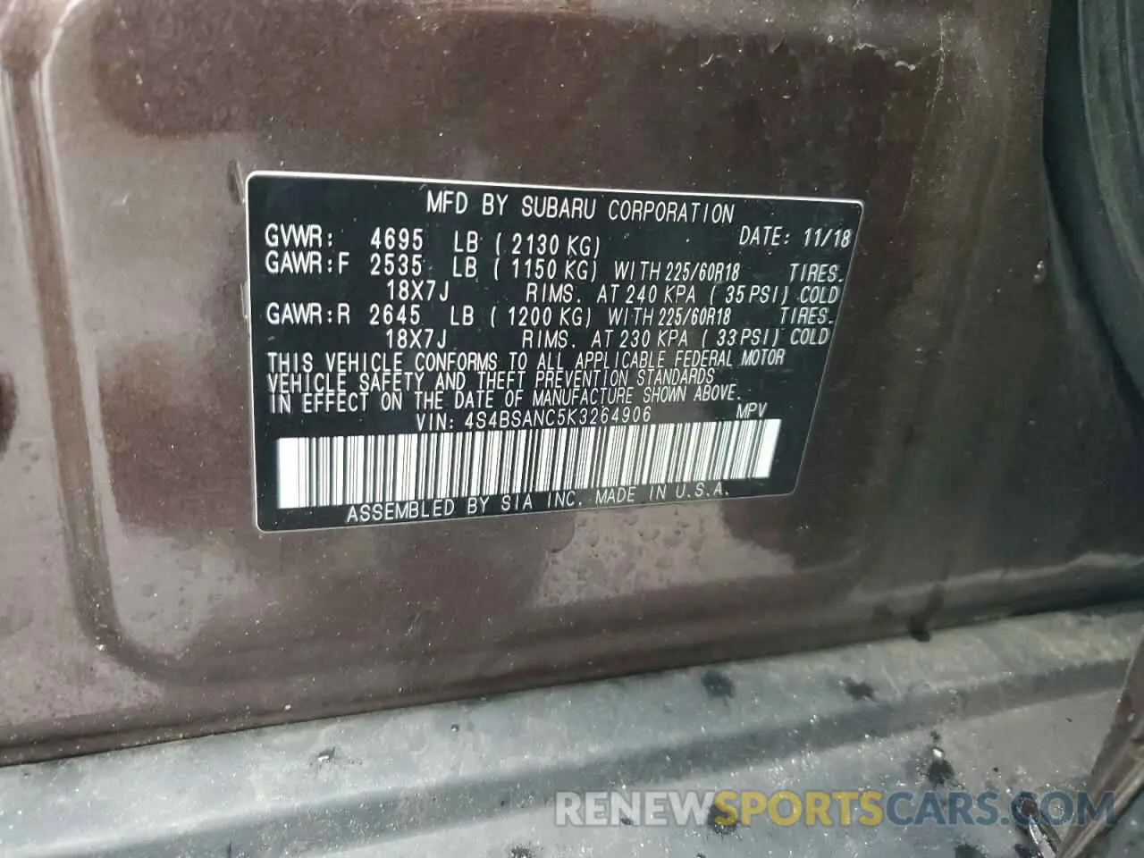 13 Photograph of a damaged car 4S4BSANC5K3264906 SUBARU OUTBACK 2019
