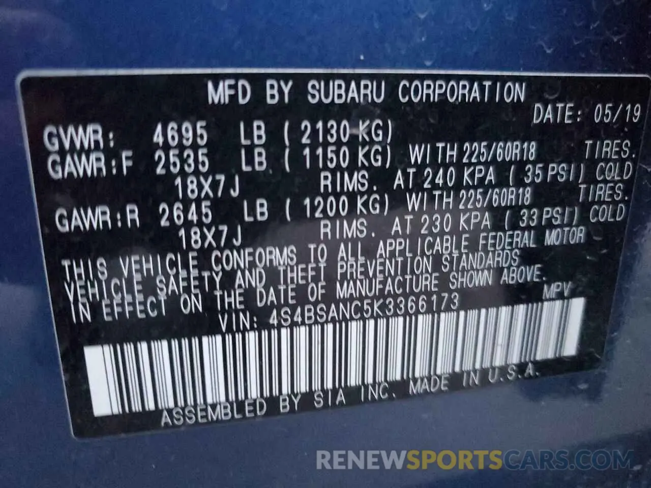 14 Photograph of a damaged car 4S4BSANC5K3366173 SUBARU OUTBACK 2019