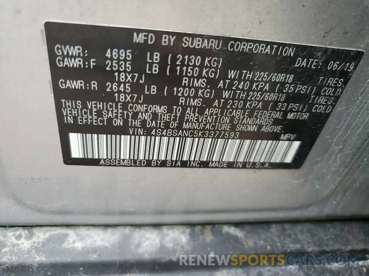 13 Photograph of a damaged car 4S4BSANC5K3377593 SUBARU OUTBACK 2019