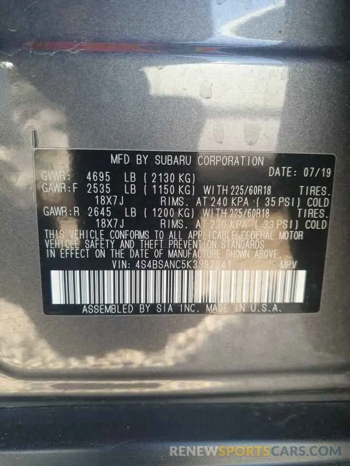12 Photograph of a damaged car 4S4BSANC5K3392241 SUBARU OUTBACK 2019