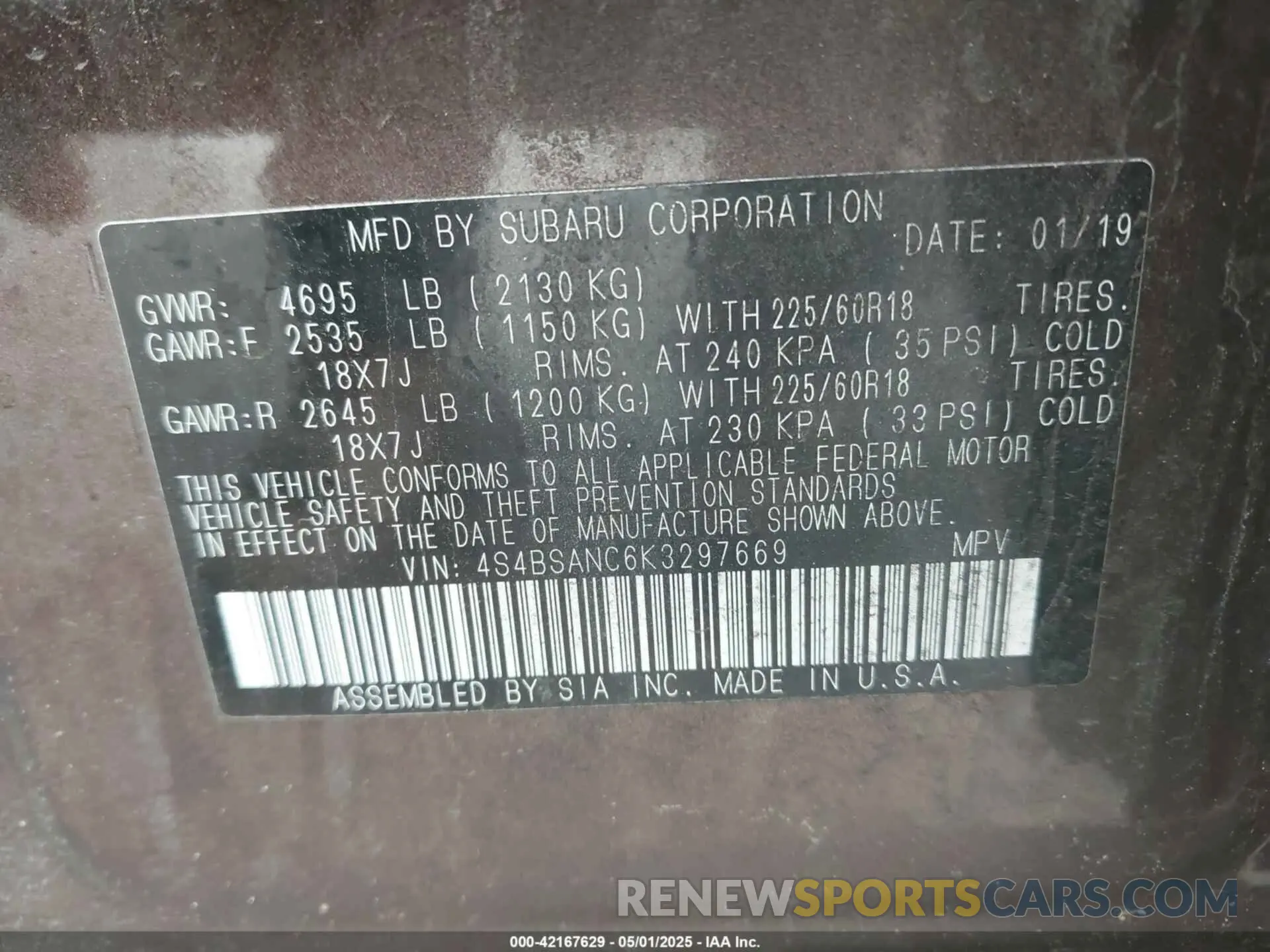 9 Photograph of a damaged car 4S4BSANC6K3297669 SUBARU OUTBACK 2019