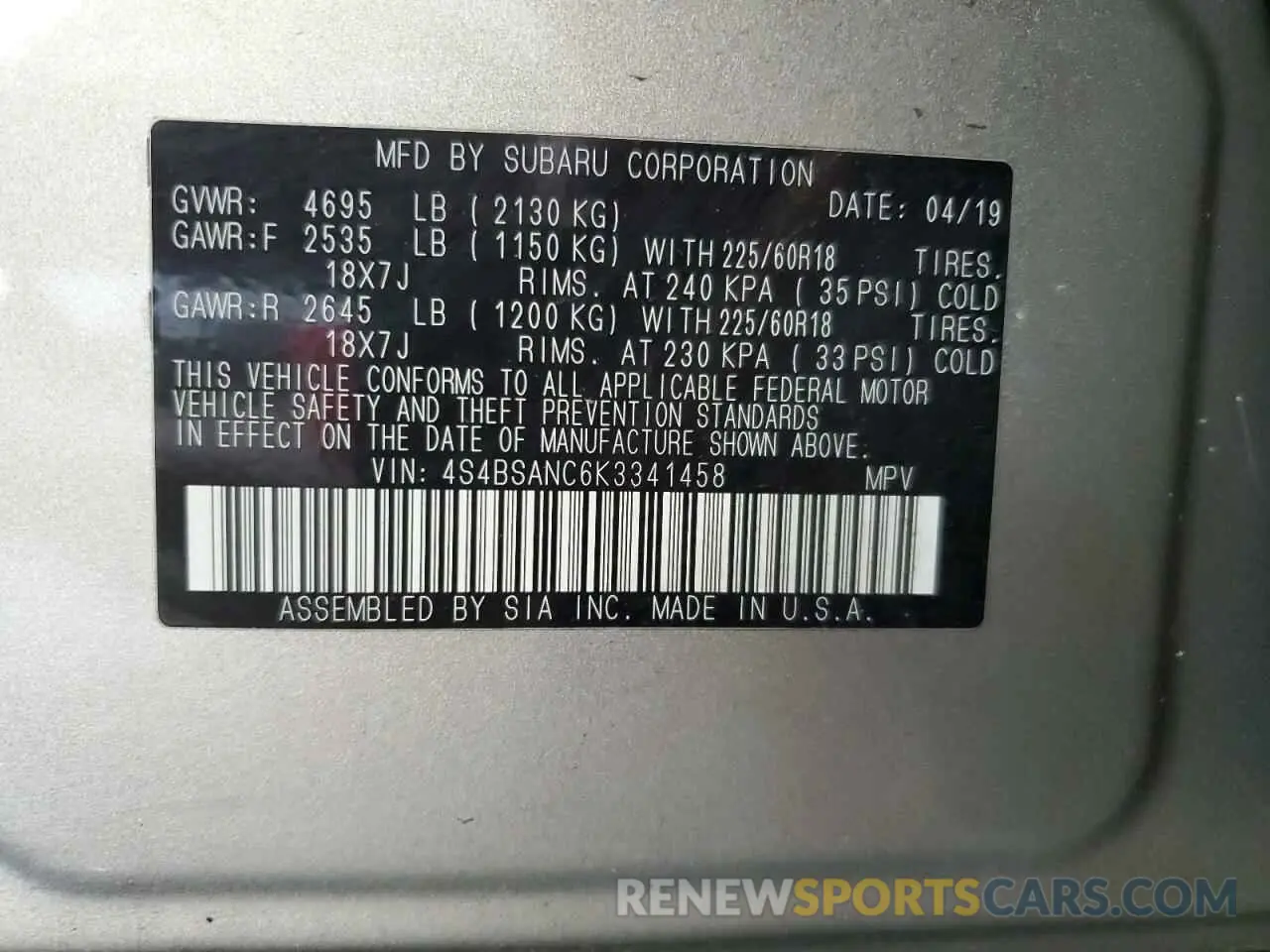 13 Photograph of a damaged car 4S4BSANC6K3341458 SUBARU OUTBACK 2019
