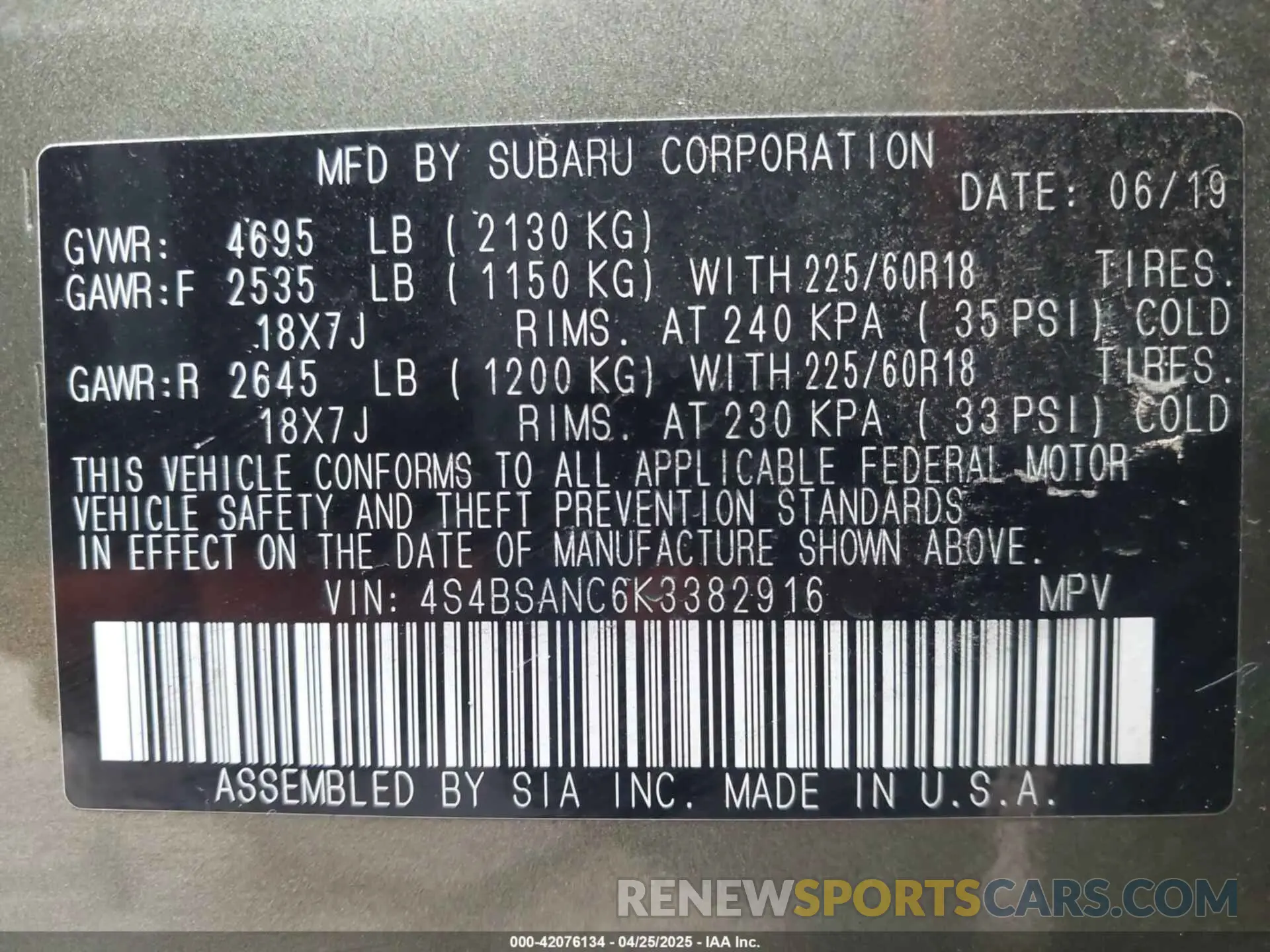 9 Photograph of a damaged car 4S4BSANC6K3382916 SUBARU OUTBACK 2019