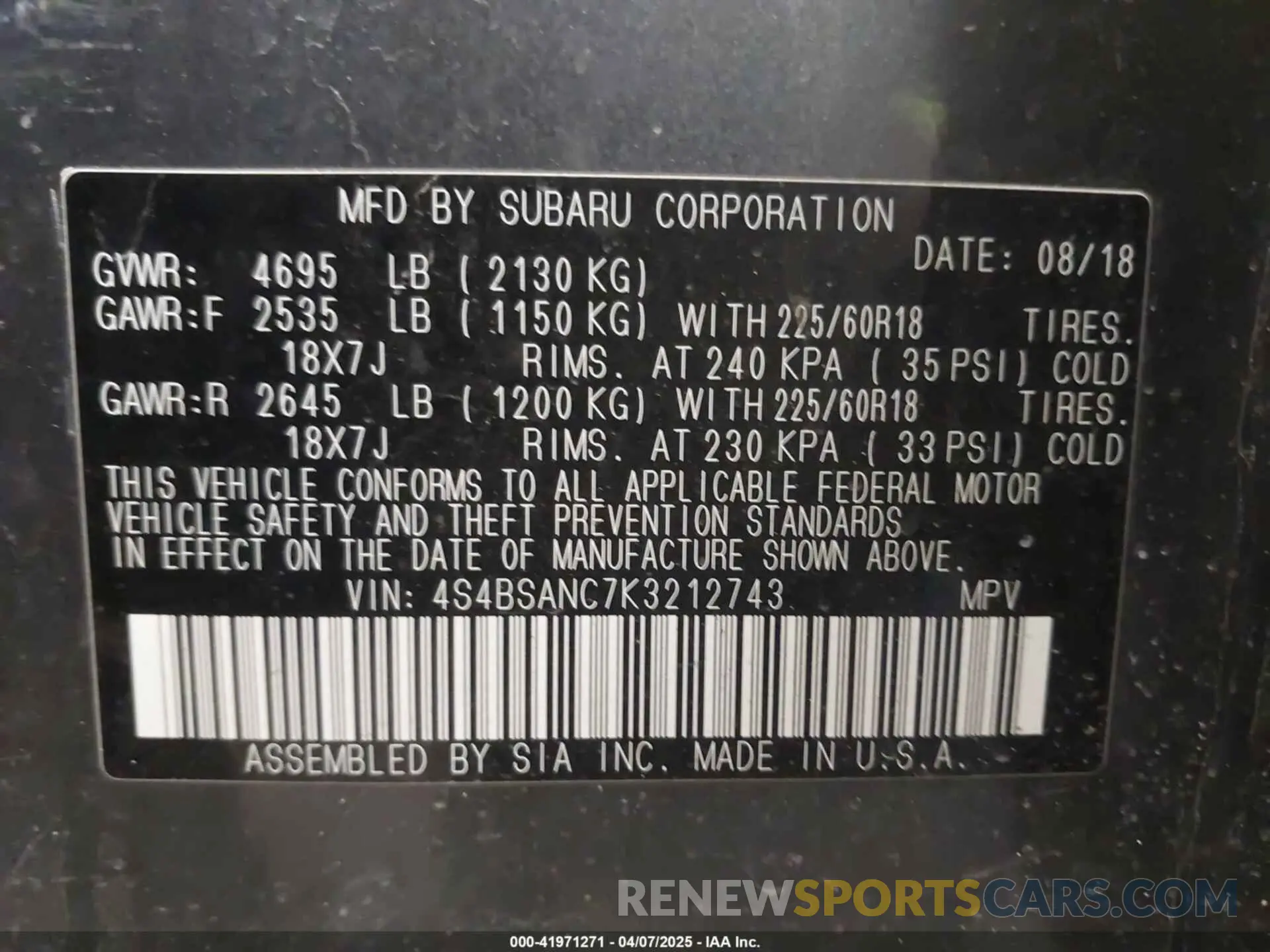 9 Photograph of a damaged car 4S4BSANC7K3212743 SUBARU OUTBACK 2019