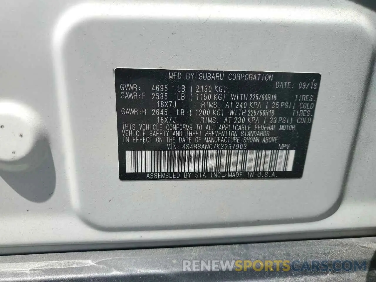 13 Photograph of a damaged car 4S4BSANC7K3237903 SUBARU OUTBACK 2019