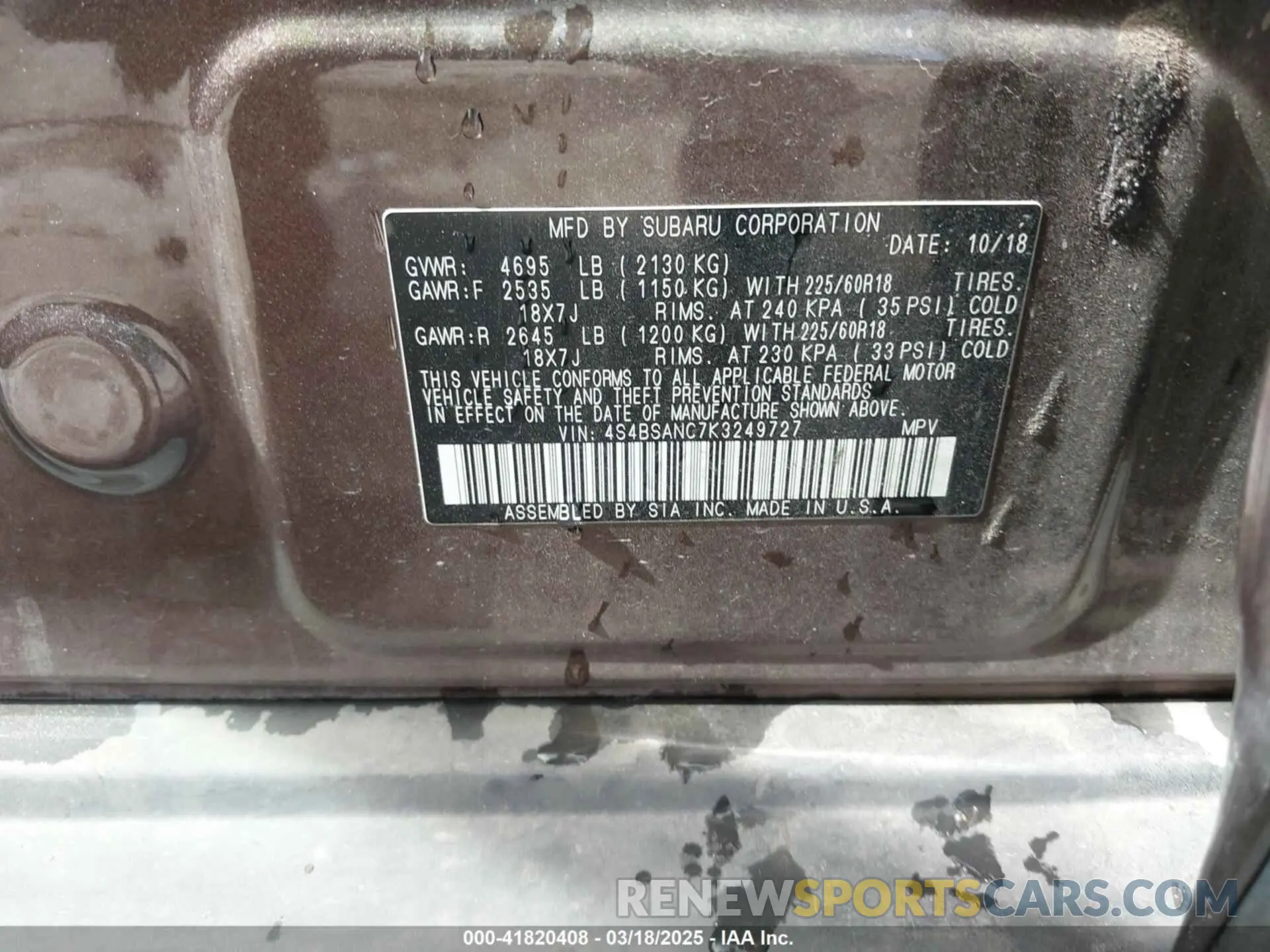 9 Photograph of a damaged car 4S4BSANC7K3249727 SUBARU OUTBACK 2019