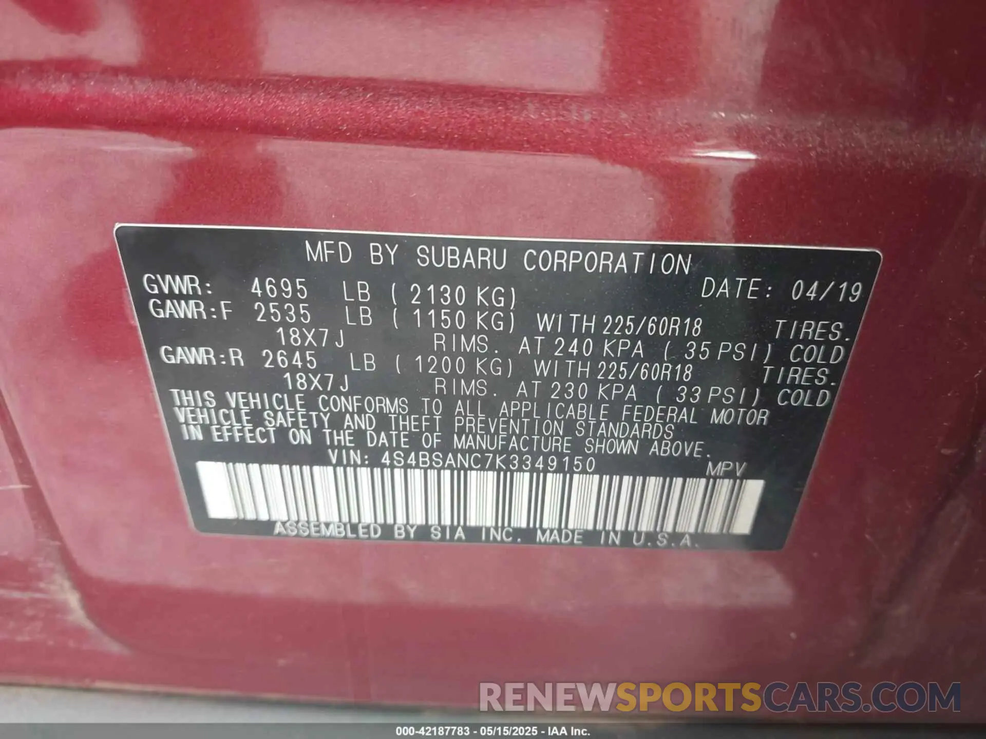 9 Photograph of a damaged car 4S4BSANC7K3349150 SUBARU OUTBACK 2019