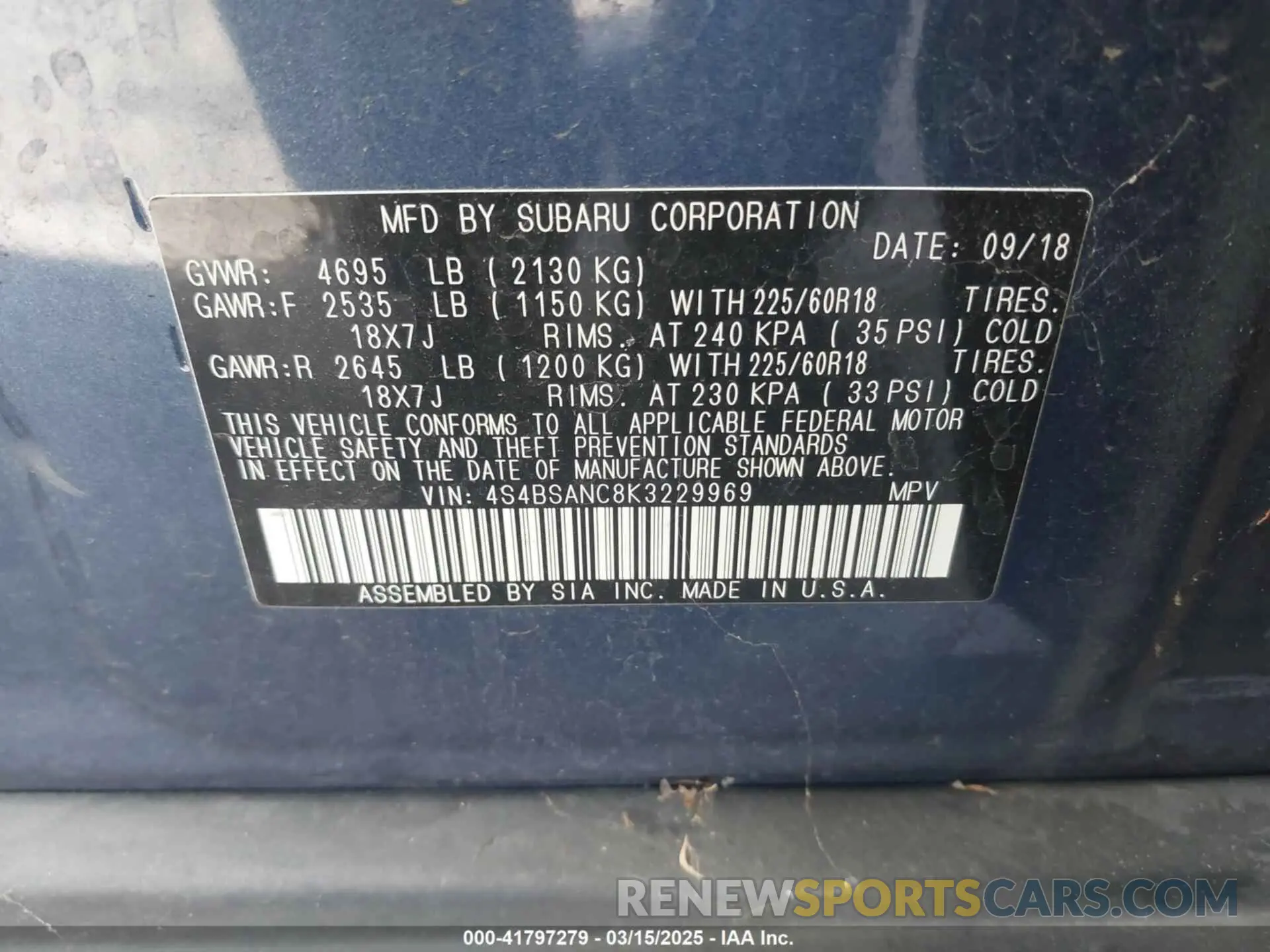 9 Photograph of a damaged car 4S4BSANC8K3229969 SUBARU OUTBACK 2019