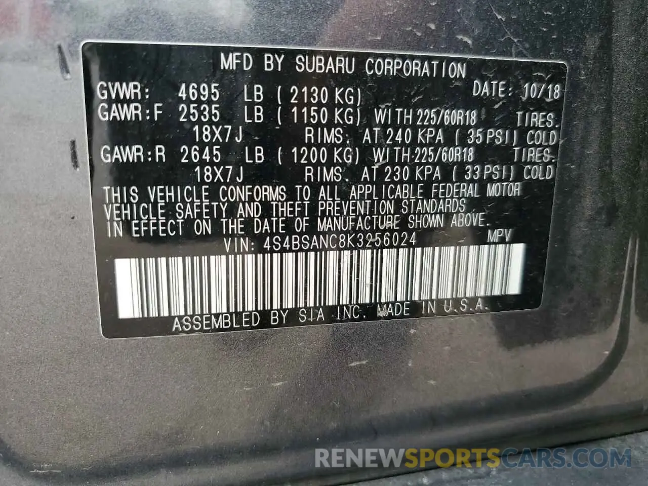 13 Photograph of a damaged car 4S4BSANC8K3256024 SUBARU OUTBACK 2019