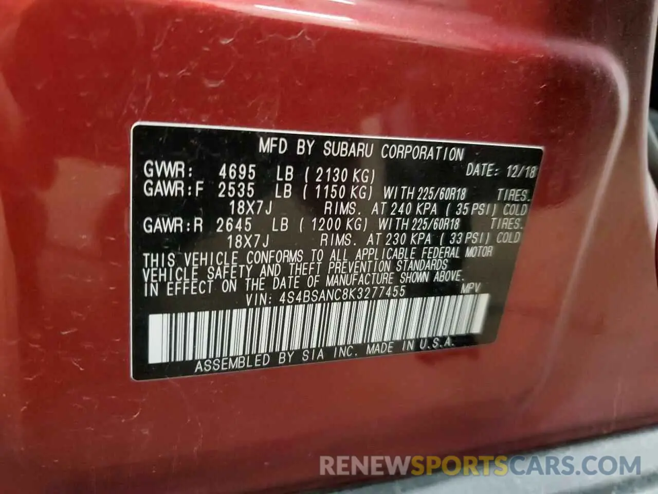 12 Photograph of a damaged car 4S4BSANC8K3277455 SUBARU OUTBACK 2019