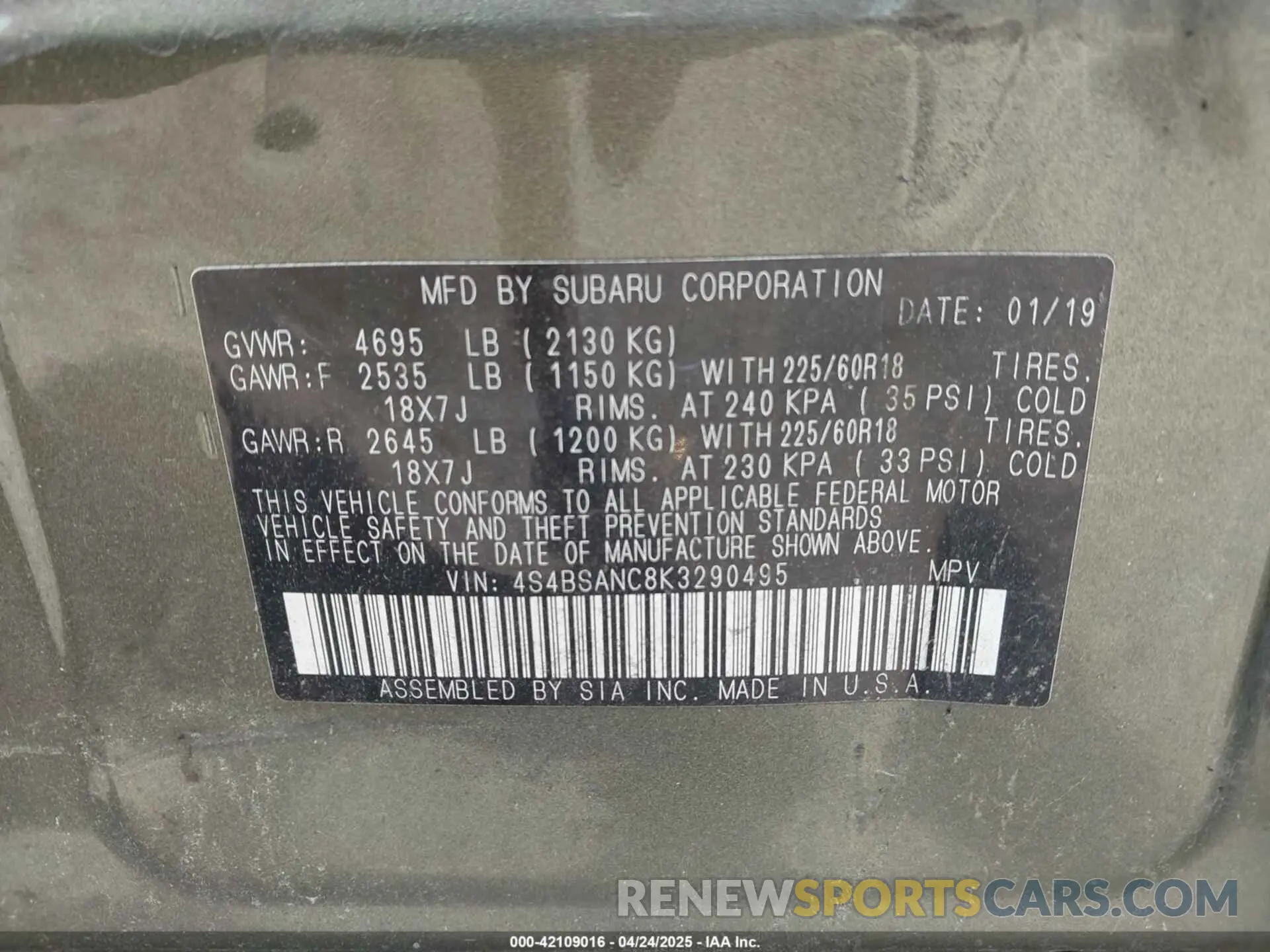 9 Photograph of a damaged car 4S4BSANC8K3290495 SUBARU OUTBACK 2019