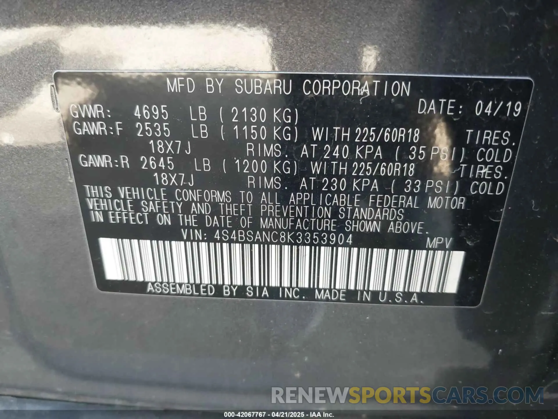 9 Photograph of a damaged car 4S4BSANC8K3353904 SUBARU OUTBACK 2019