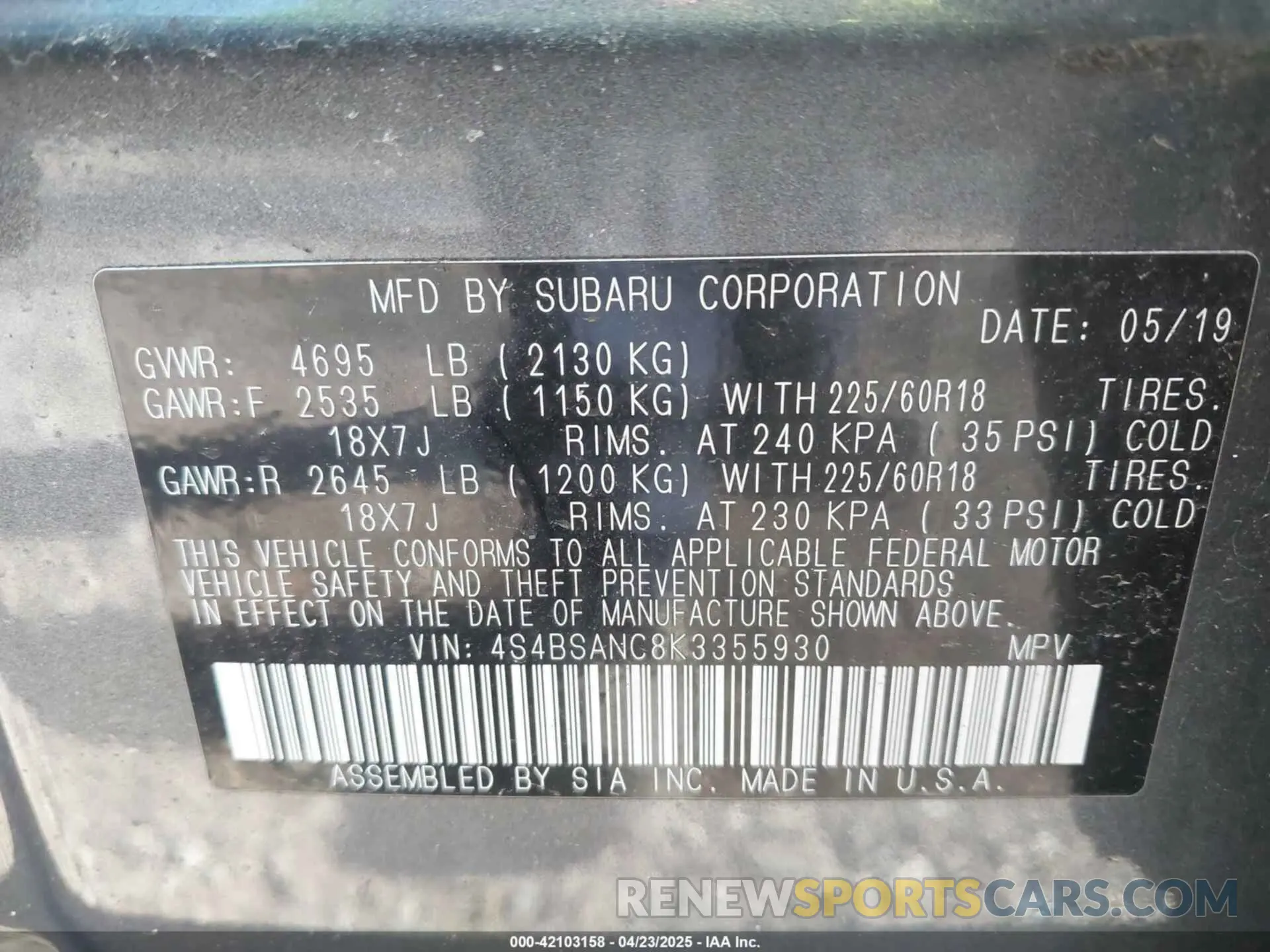 9 Photograph of a damaged car 4S4BSANC8K3355930 SUBARU OUTBACK 2019