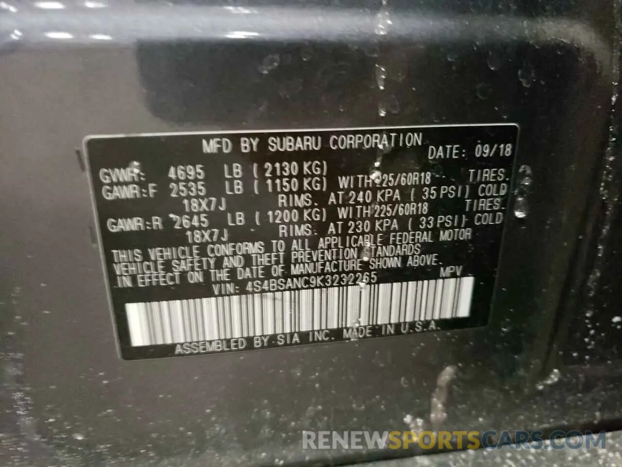 13 Photograph of a damaged car 4S4BSANC9K3232265 SUBARU OUTBACK 2019