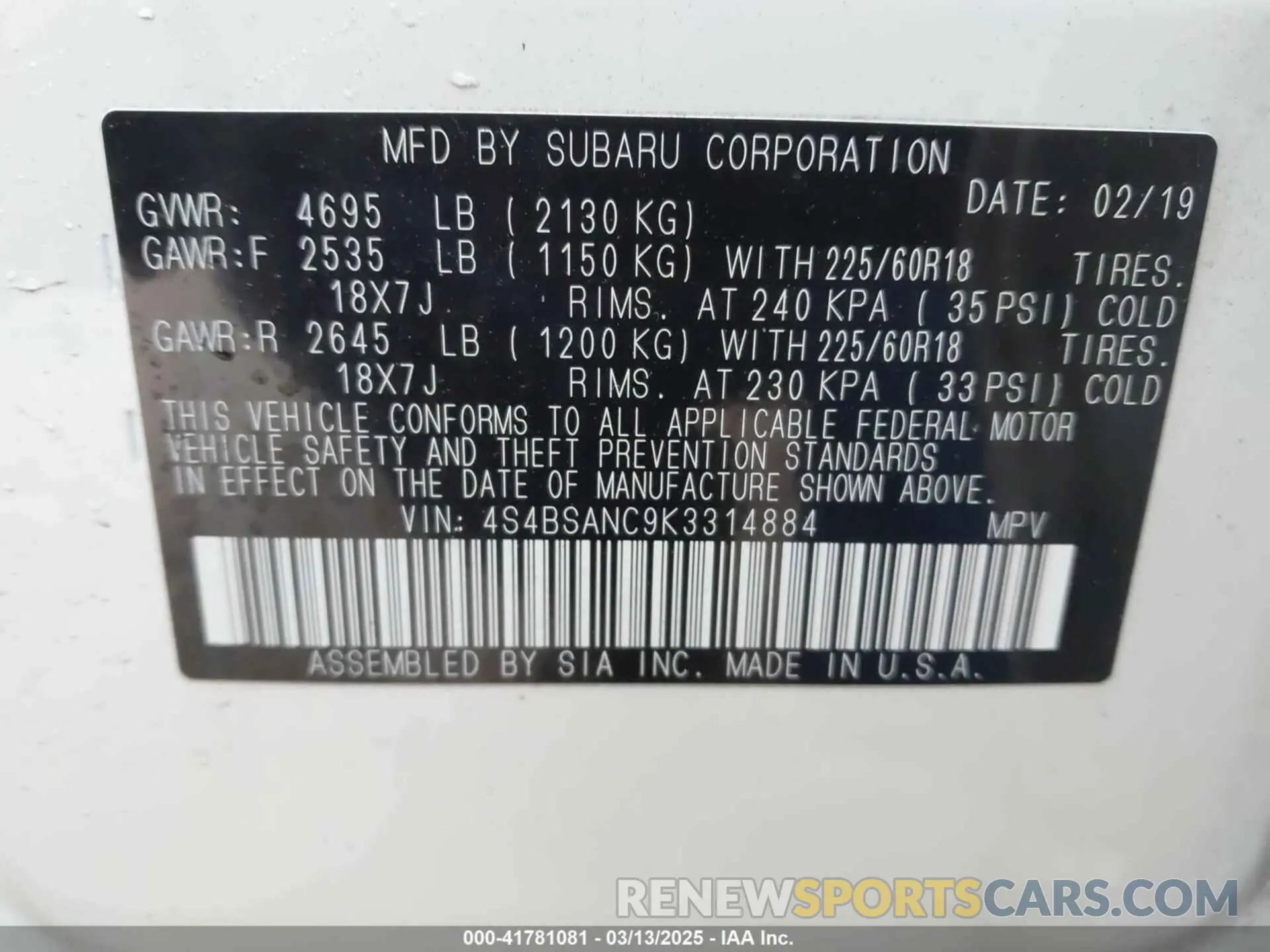 9 Photograph of a damaged car 4S4BSANC9K3314884 SUBARU OUTBACK 2019