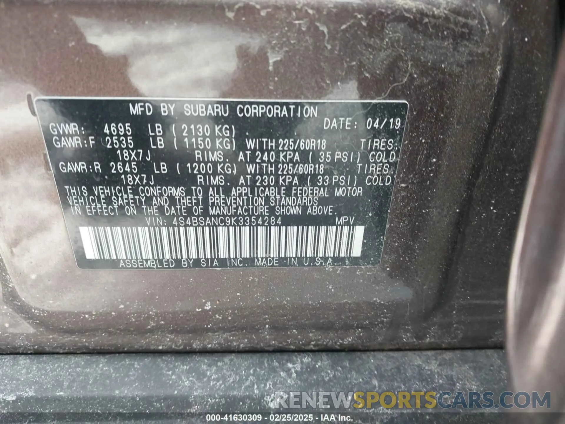 9 Photograph of a damaged car 4S4BSANC9K3354284 SUBARU OUTBACK 2019