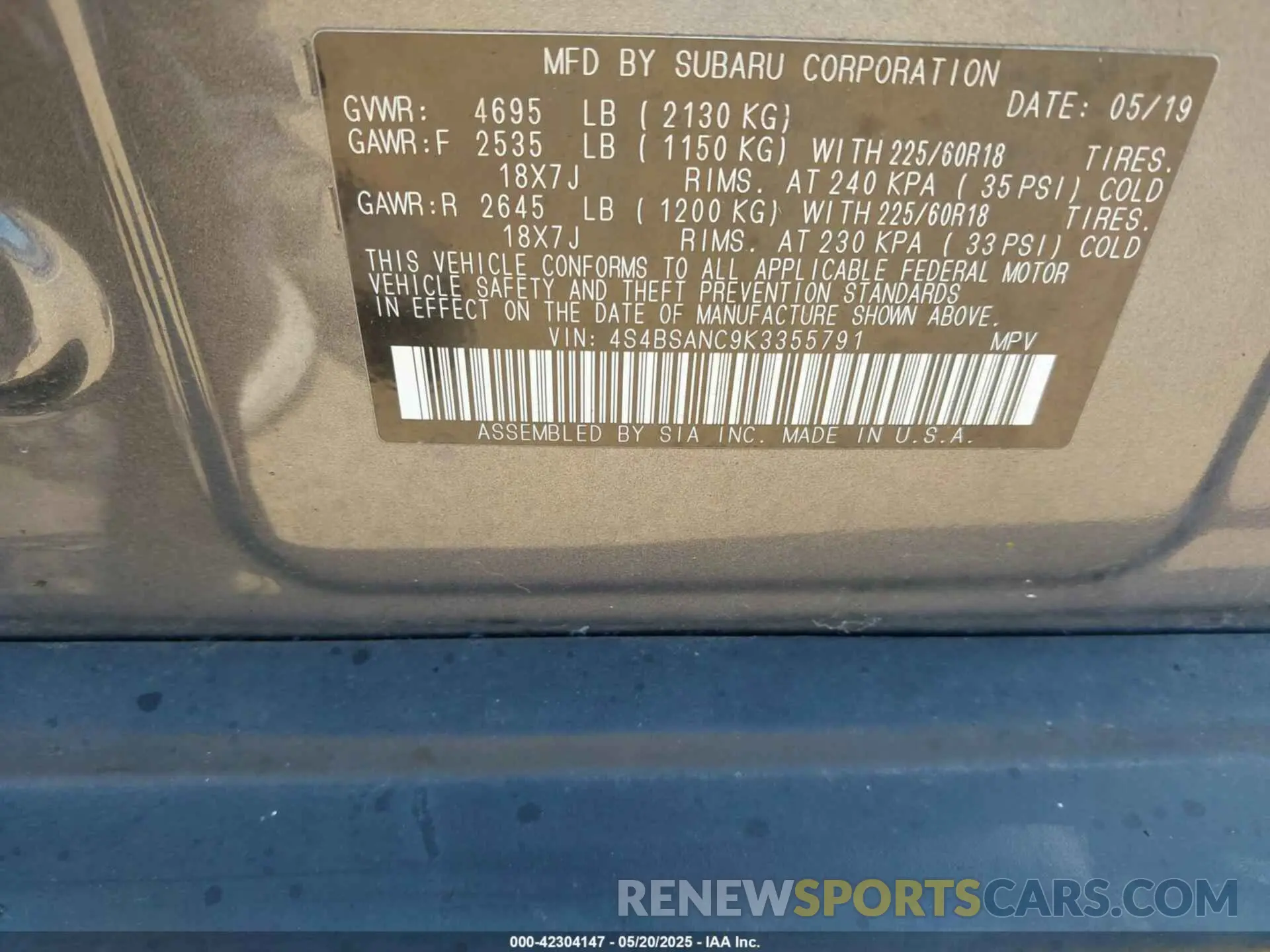 9 Photograph of a damaged car 4S4BSANC9K3355791 SUBARU OUTBACK 2019