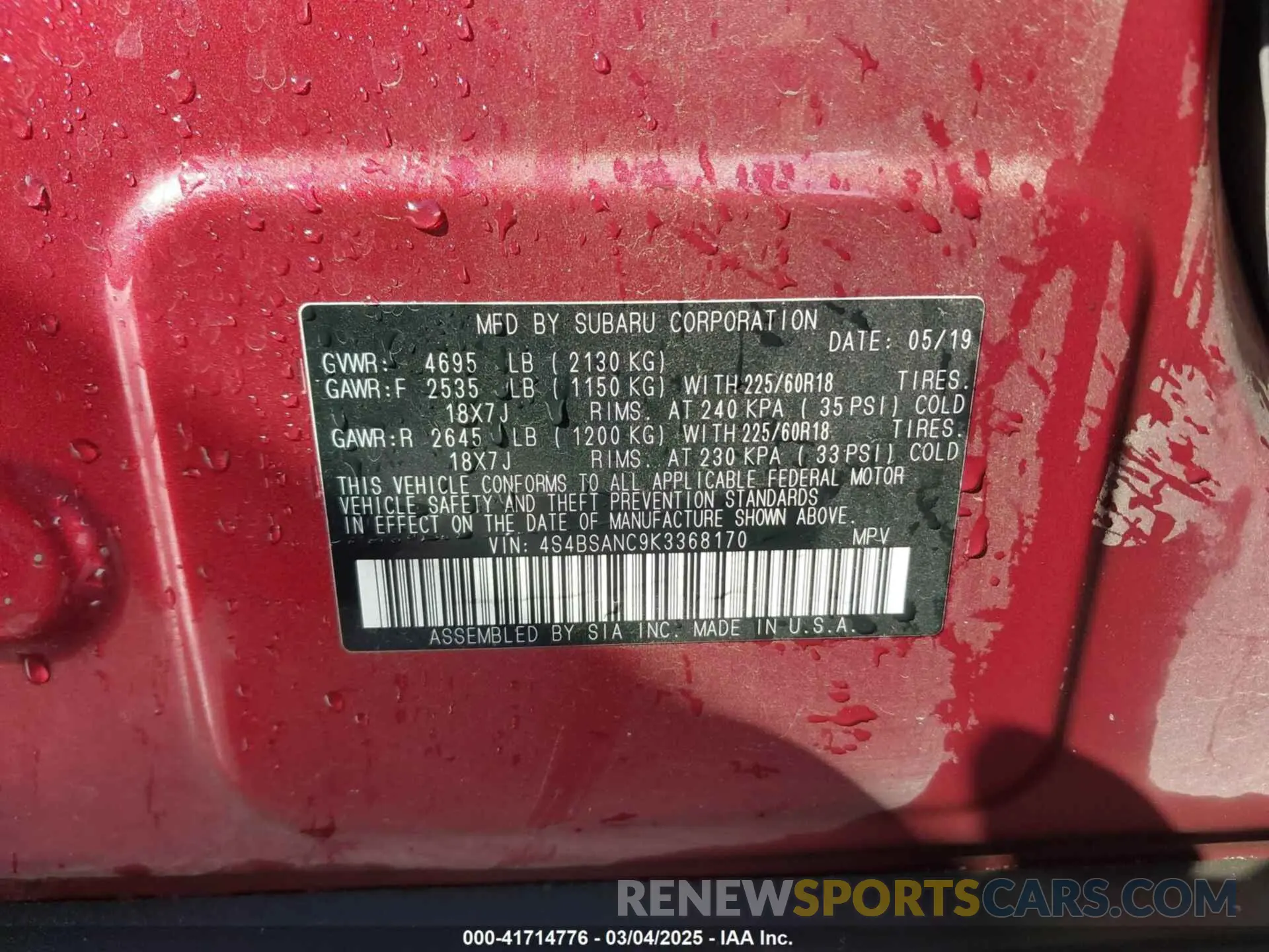 9 Photograph of a damaged car 4S4BSANC9K3368170 SUBARU OUTBACK 2019
