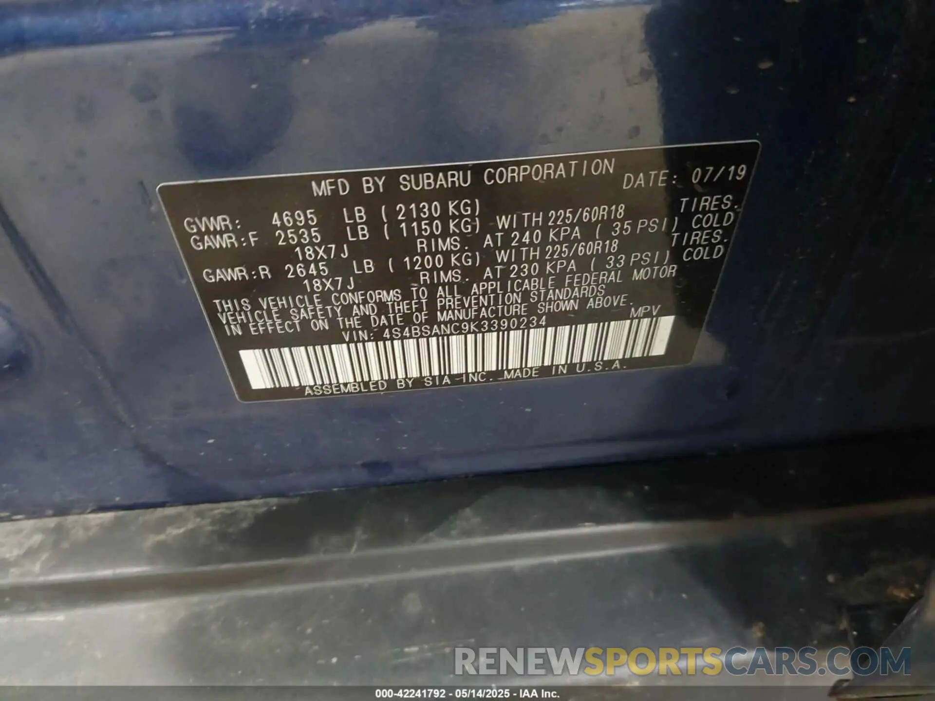 9 Photograph of a damaged car 4S4BSANC9K3390234 SUBARU OUTBACK 2019