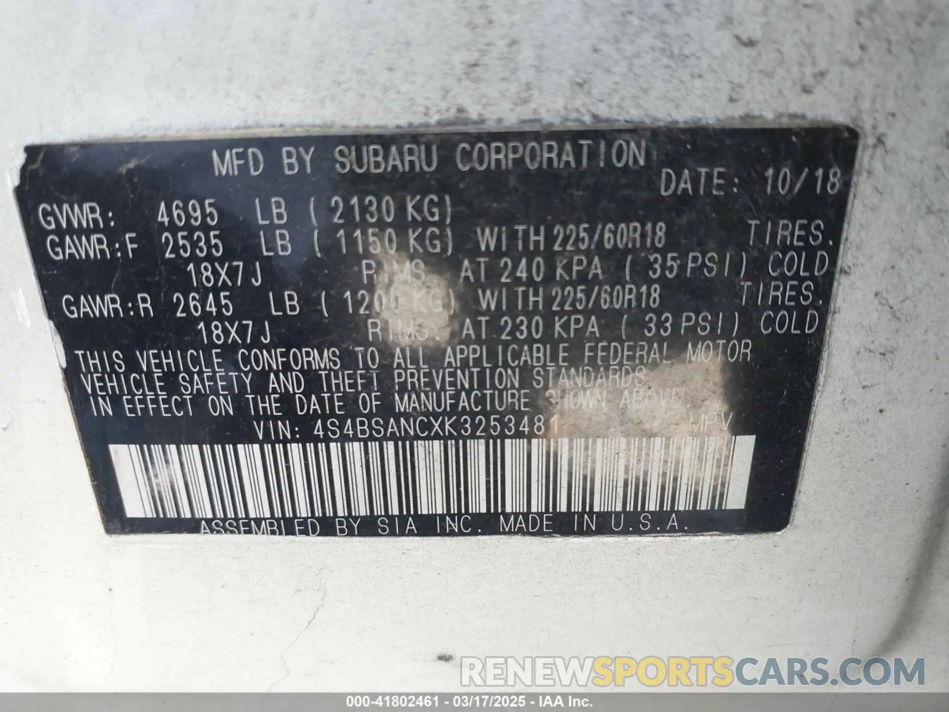 9 Photograph of a damaged car 4S4BSANCXK3253481 SUBARU OUTBACK 2019