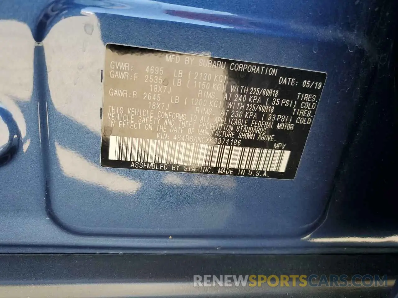 13 Photograph of a damaged car 4S4BSANCXK3374186 SUBARU OUTBACK 2019