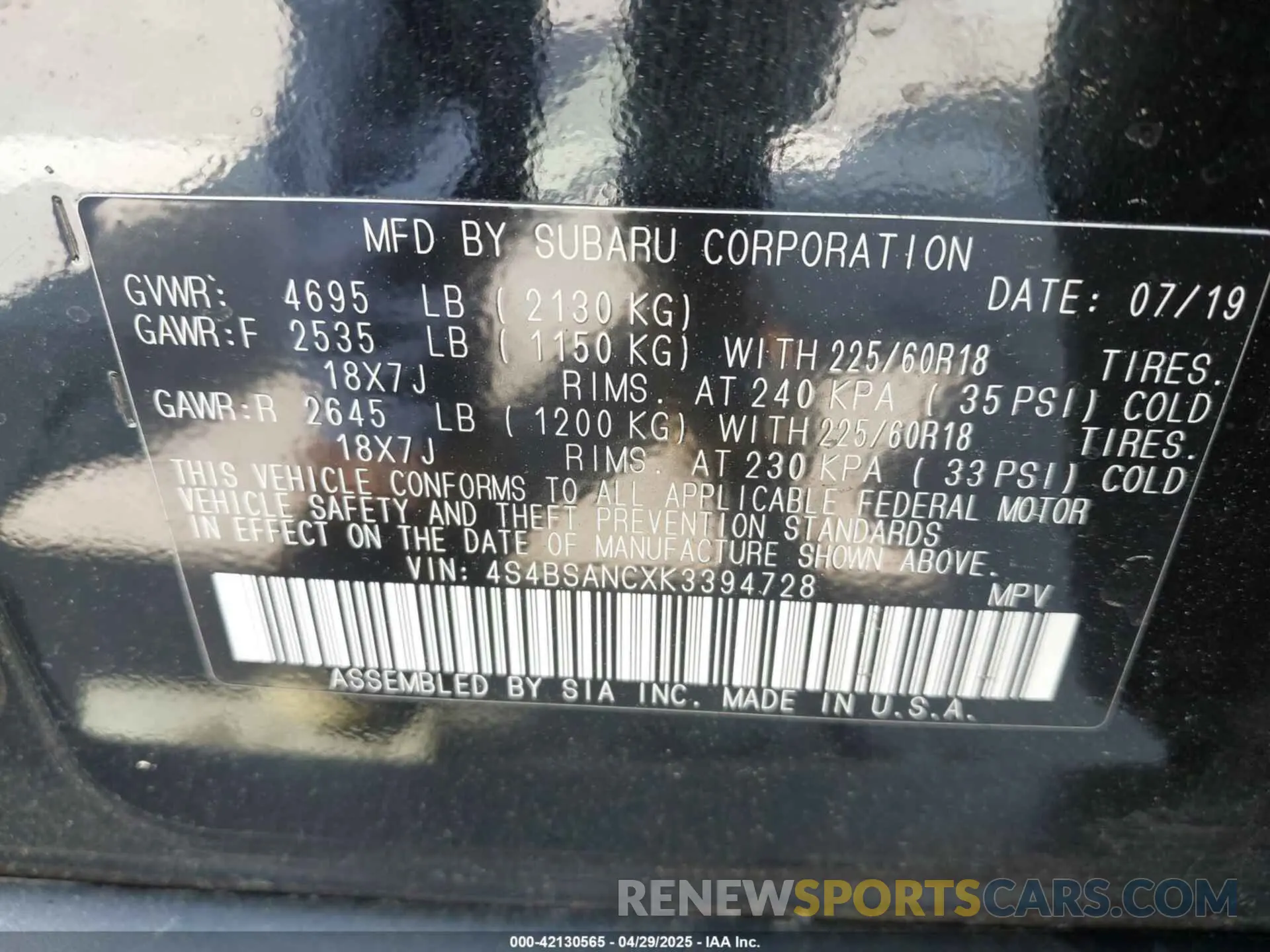9 Photograph of a damaged car 4S4BSANCXK3394728 SUBARU OUTBACK 2019