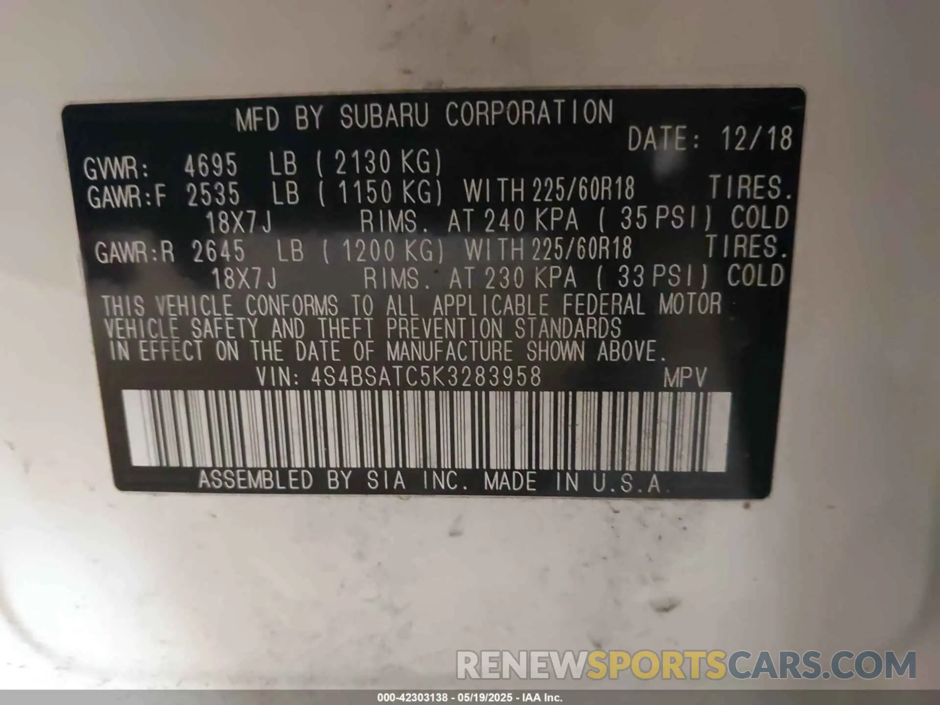 9 Photograph of a damaged car 4S4BSATC5K3283958 SUBARU OUTBACK 2019