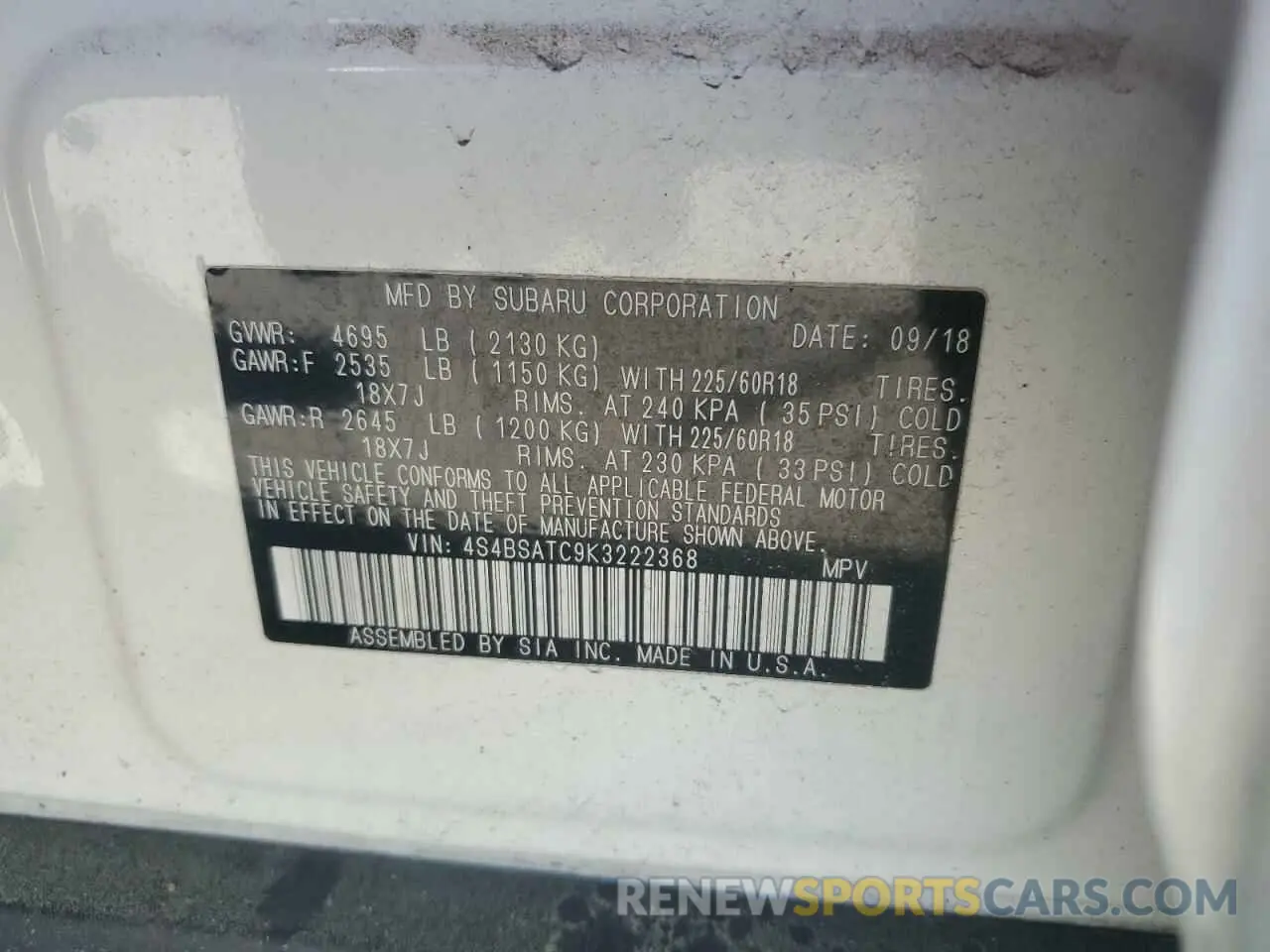 14 Photograph of a damaged car 4S4BSATC9K3222368 SUBARU OUTBACK 2019