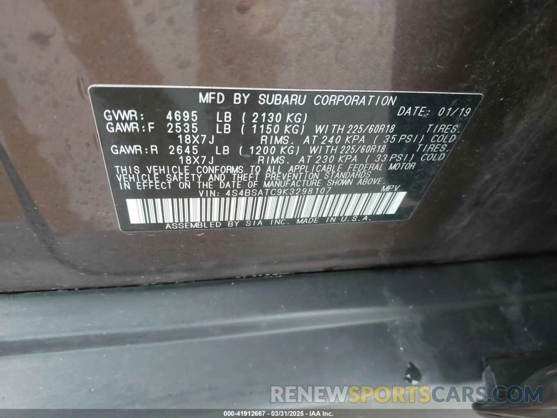 9 Photograph of a damaged car 4S4BSATC9K3298107 SUBARU OUTBACK 2019