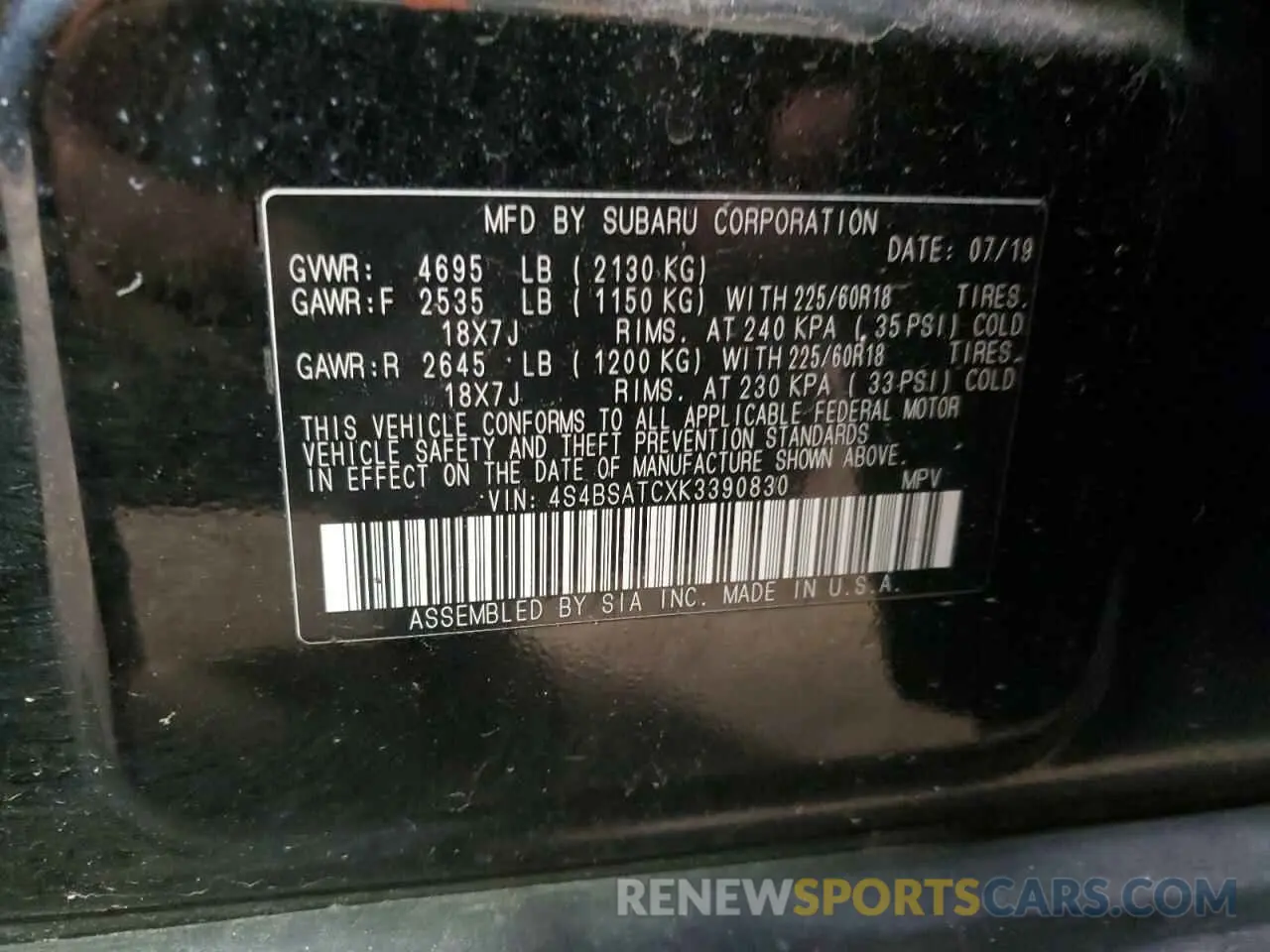 13 Photograph of a damaged car 4S4BSATCXK3390830 SUBARU OUTBACK 2019