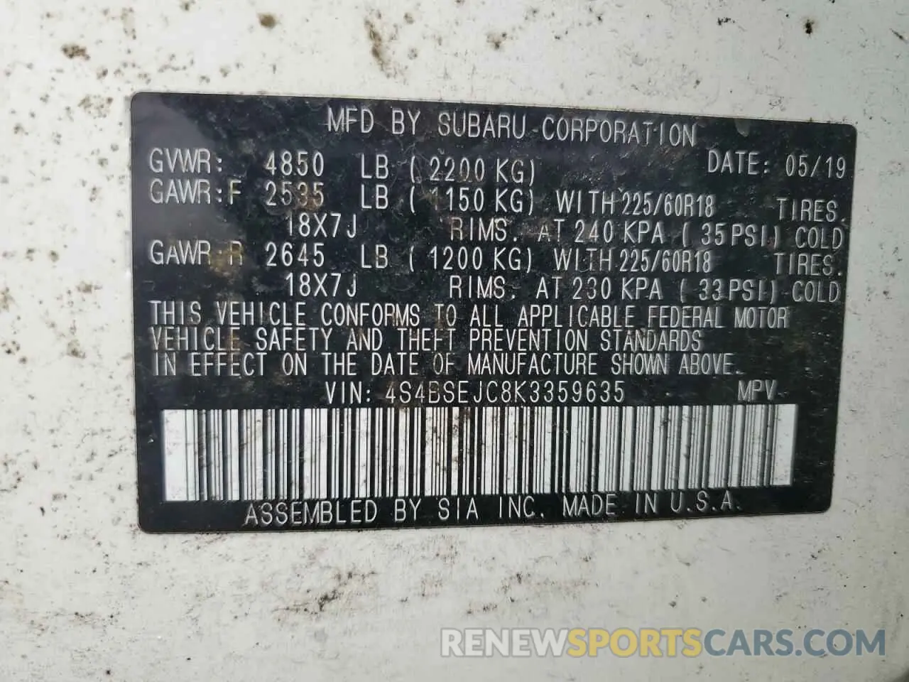 13 Photograph of a damaged car 4S4BSEJC8K3359635 SUBARU OUTBACK 2019