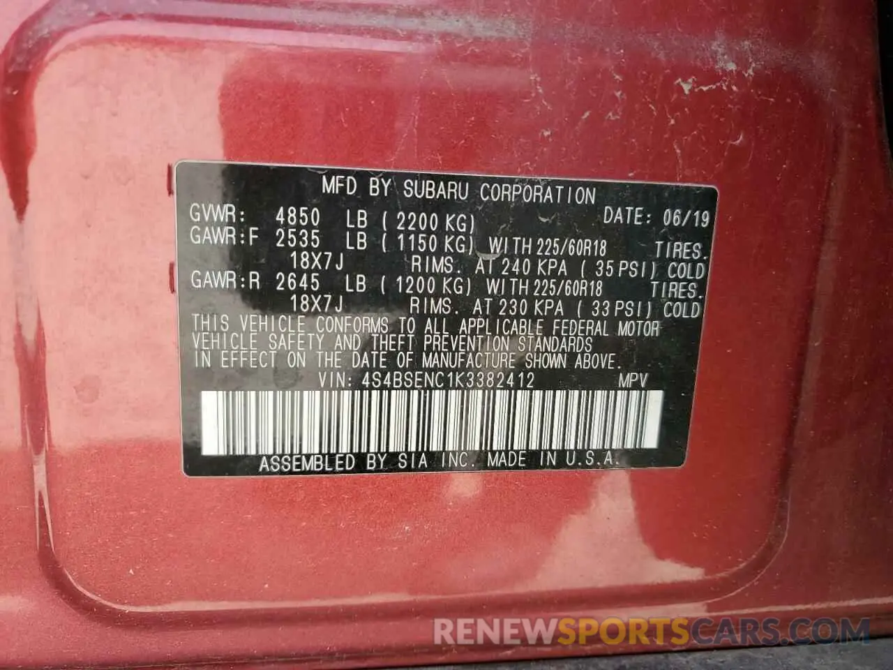 13 Photograph of a damaged car 4S4BSENC1K3382412 SUBARU OUTBACK 2019
