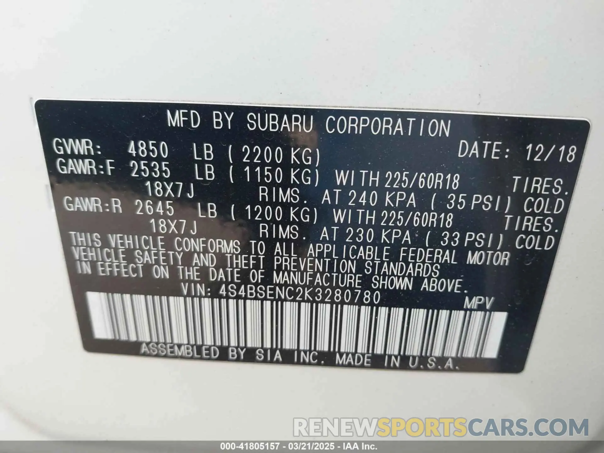 9 Photograph of a damaged car 4S4BSENC2K3280780 SUBARU OUTBACK 2019