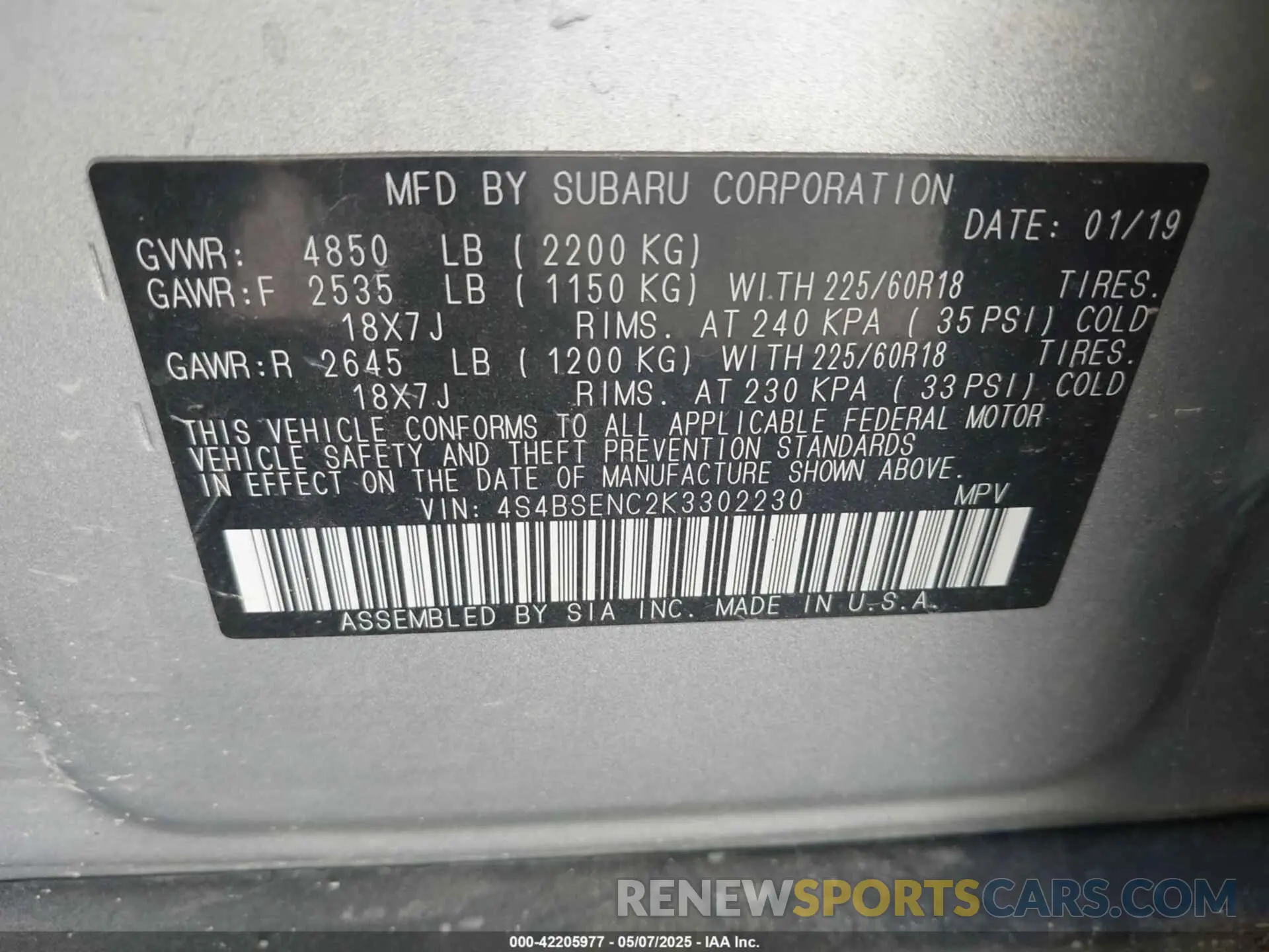 9 Photograph of a damaged car 4S4BSENC2K3302230 SUBARU OUTBACK 2019