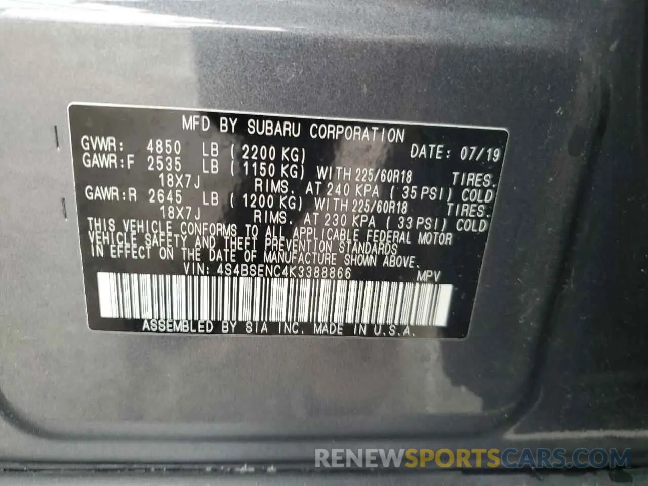 14 Photograph of a damaged car 4S4BSENC4K3388866 SUBARU OUTBACK 2019