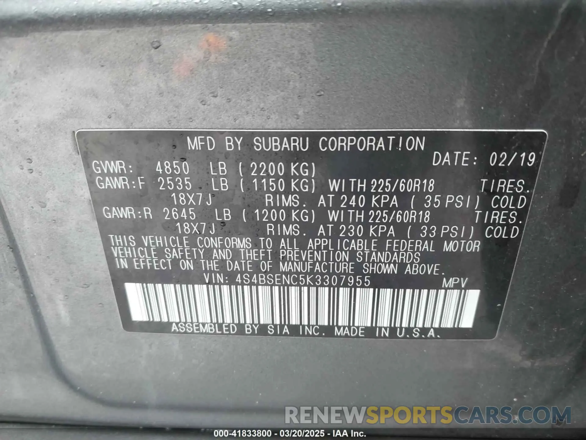 9 Photograph of a damaged car 4S4BSENC5K3307955 SUBARU OUTBACK 2019