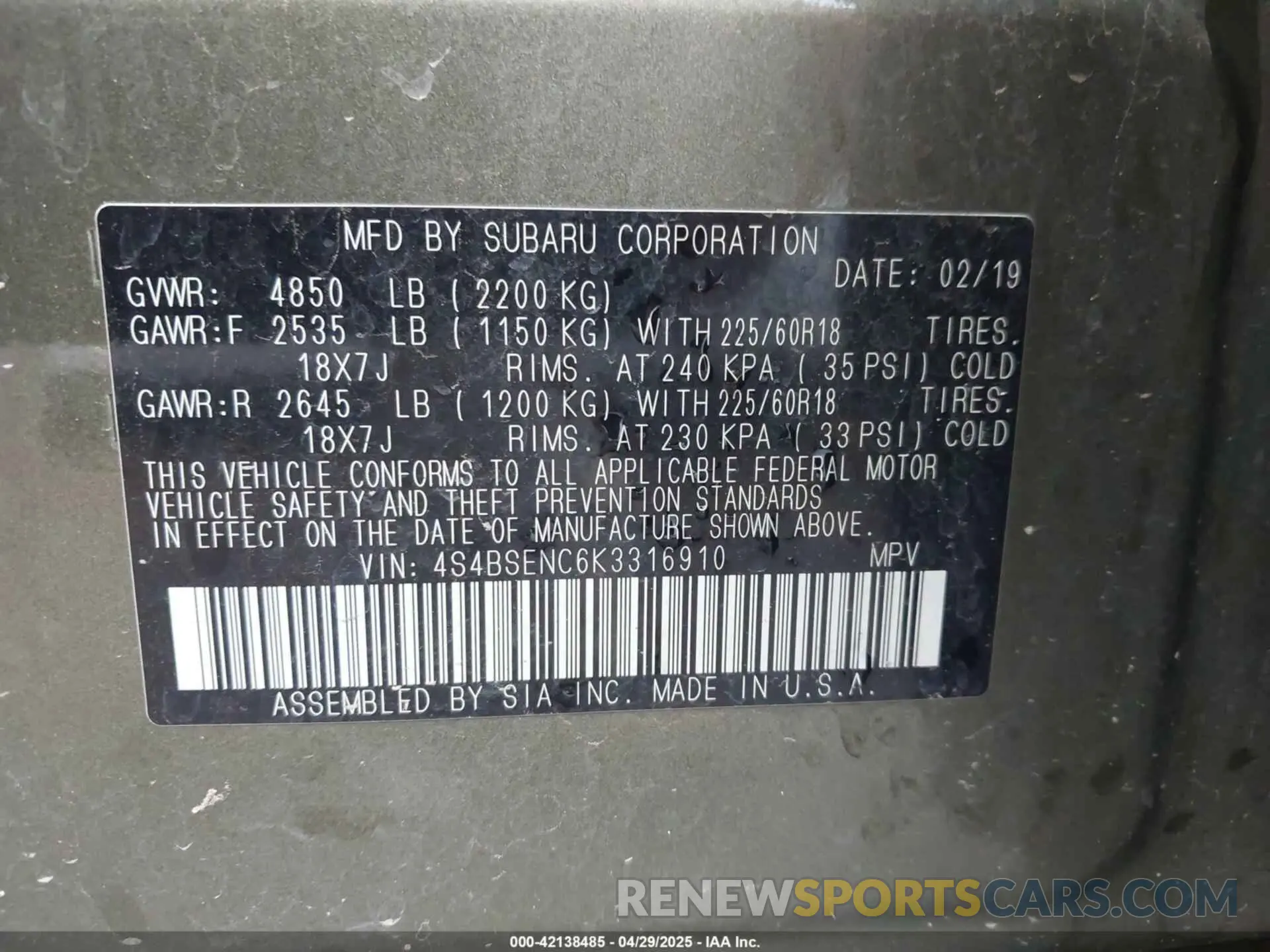 9 Photograph of a damaged car 4S4BSENC6K3316910 SUBARU OUTBACK 2019