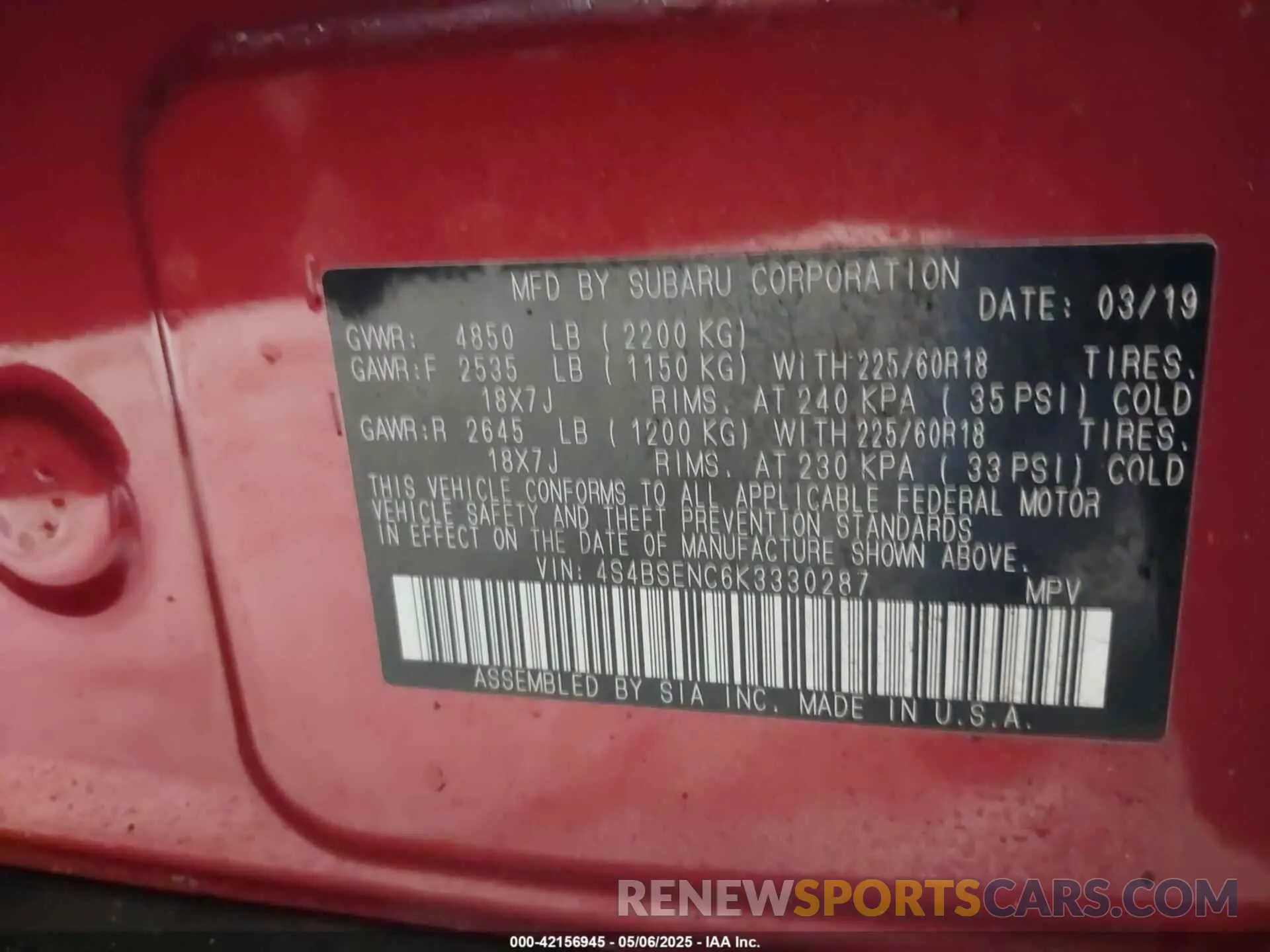 9 Photograph of a damaged car 4S4BSENC6K3330287 SUBARU OUTBACK 2019