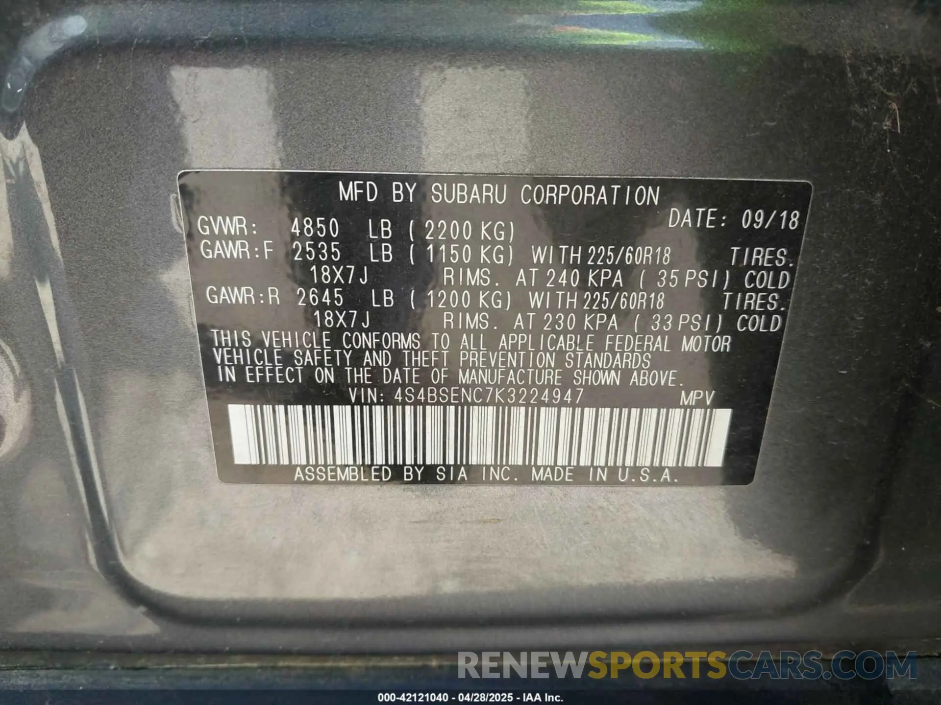 9 Photograph of a damaged car 4S4BSENC7K3224947 SUBARU OUTBACK 2019