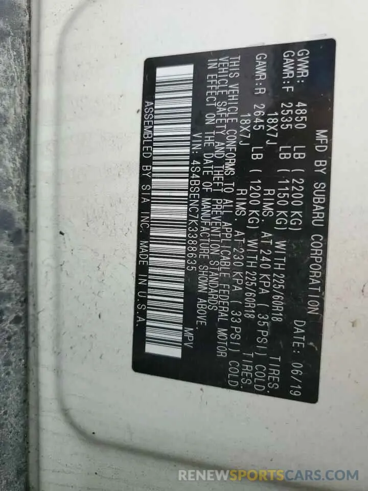 15 Photograph of a damaged car 4S4BSENC7K3388635 SUBARU OUTBACK 2019