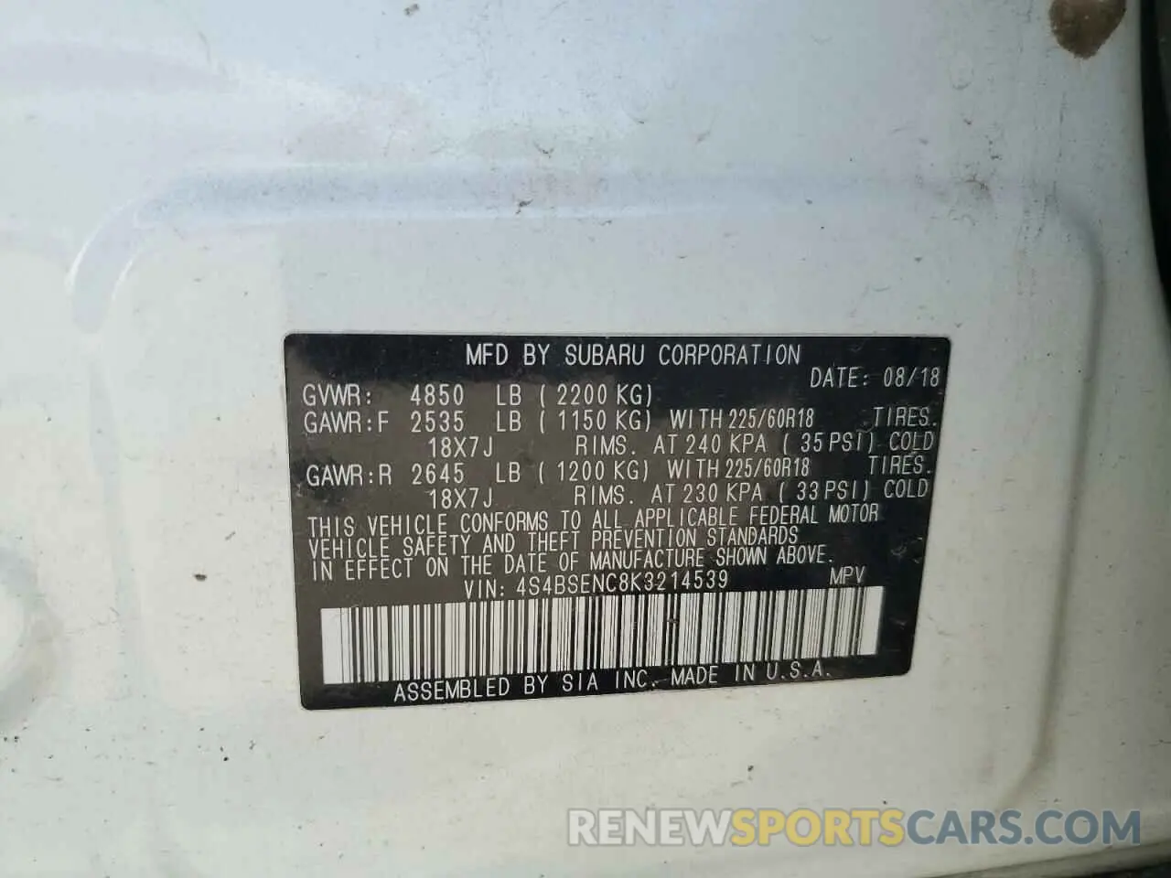 13 Photograph of a damaged car 4S4BSENC8K3214539 SUBARU OUTBACK 2019