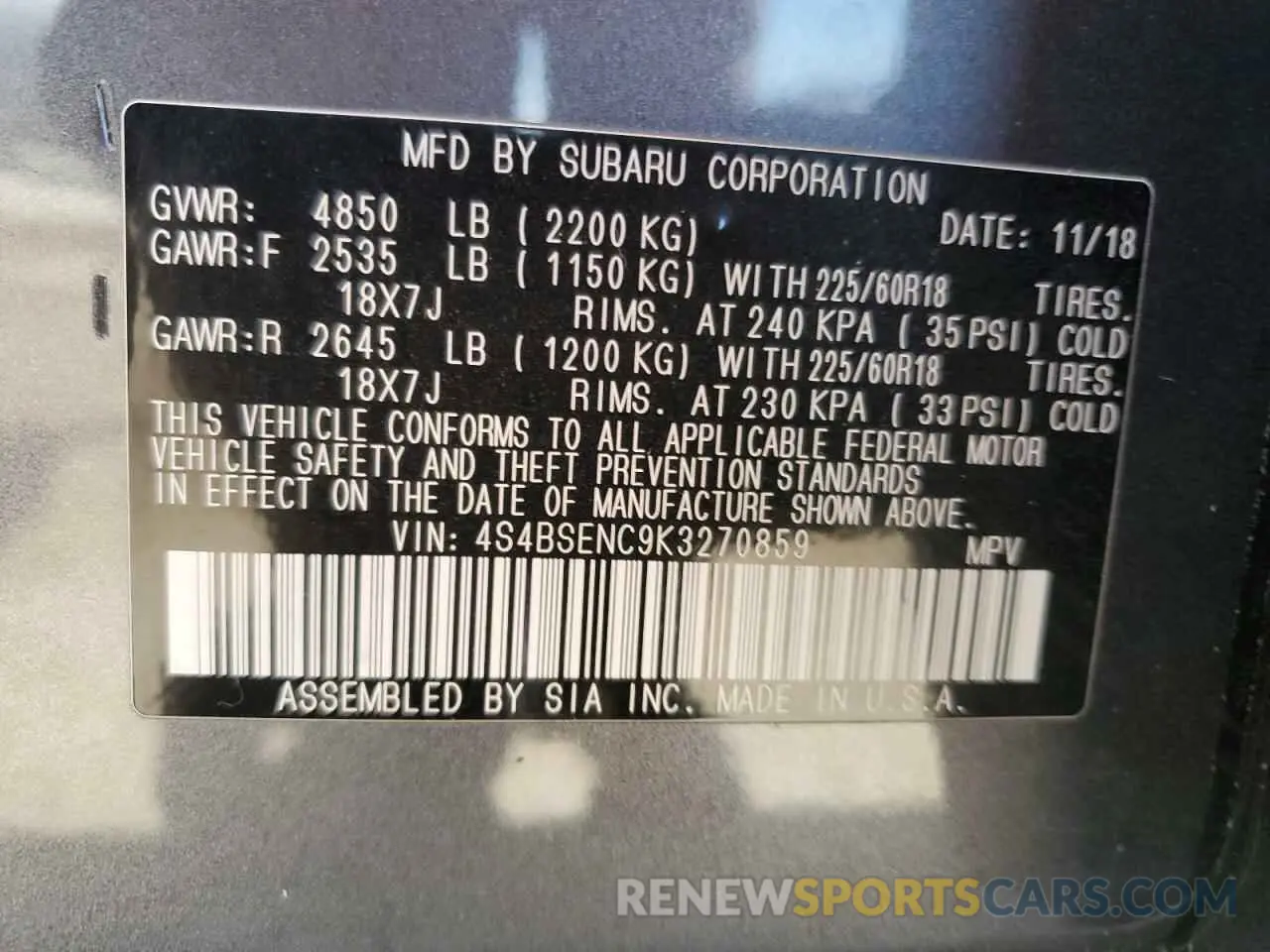 12 Photograph of a damaged car 4S4BSENC9K3270859 SUBARU OUTBACK 2019