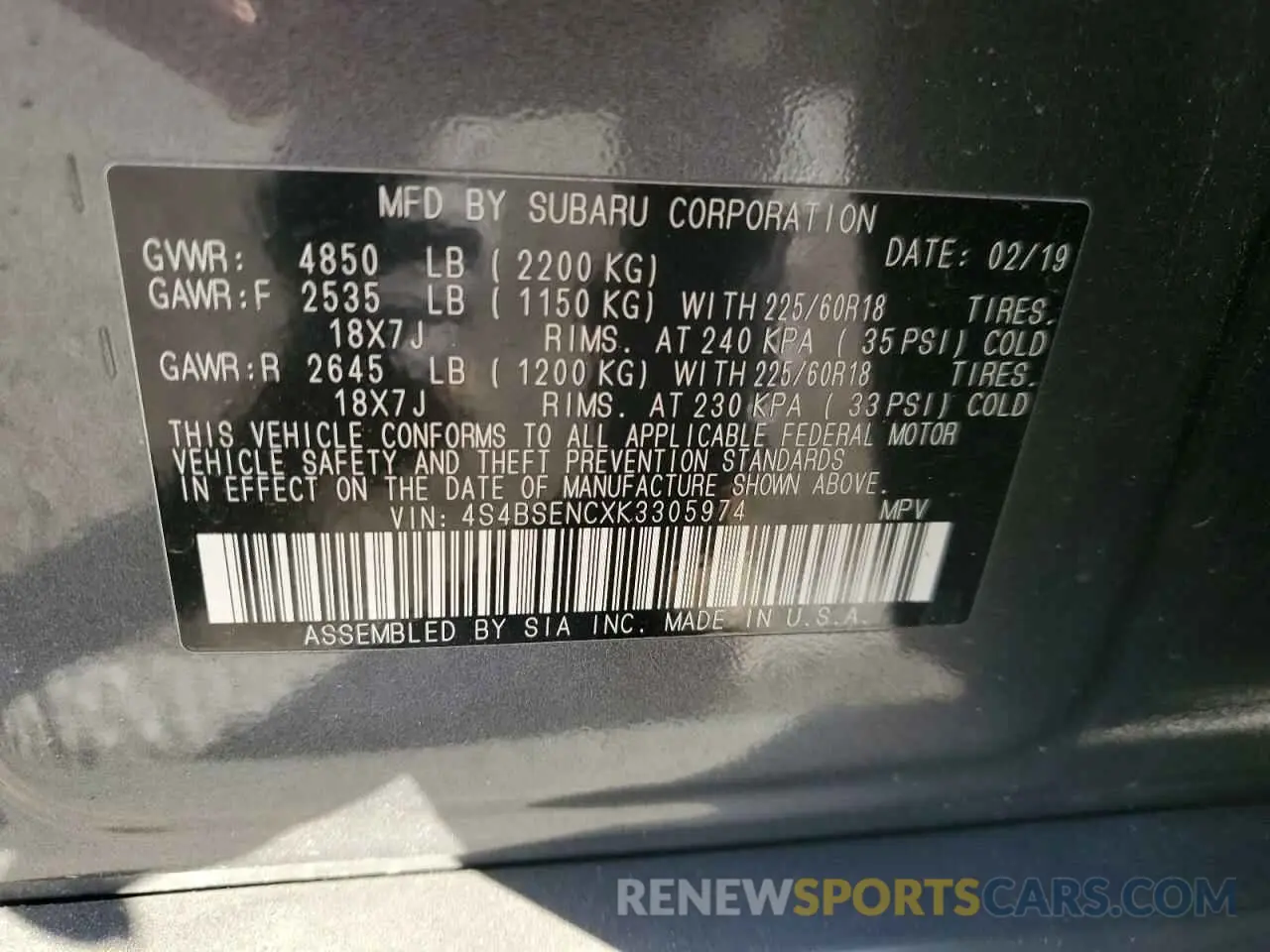 13 Photograph of a damaged car 4S4BSENCXK3305974 SUBARU OUTBACK 2019